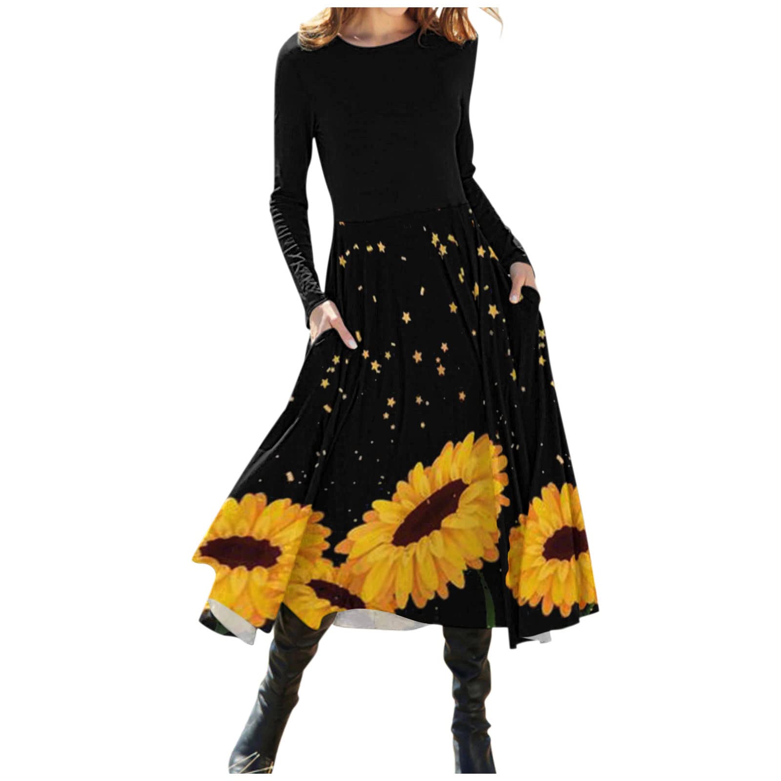 KASAAS Women's Casual Floral Print Long Sleeve T-Shirt Dress - Loose Fit O-Neck Midi Dress in Yellow for Everyday Wear, Office & Spring Outfits