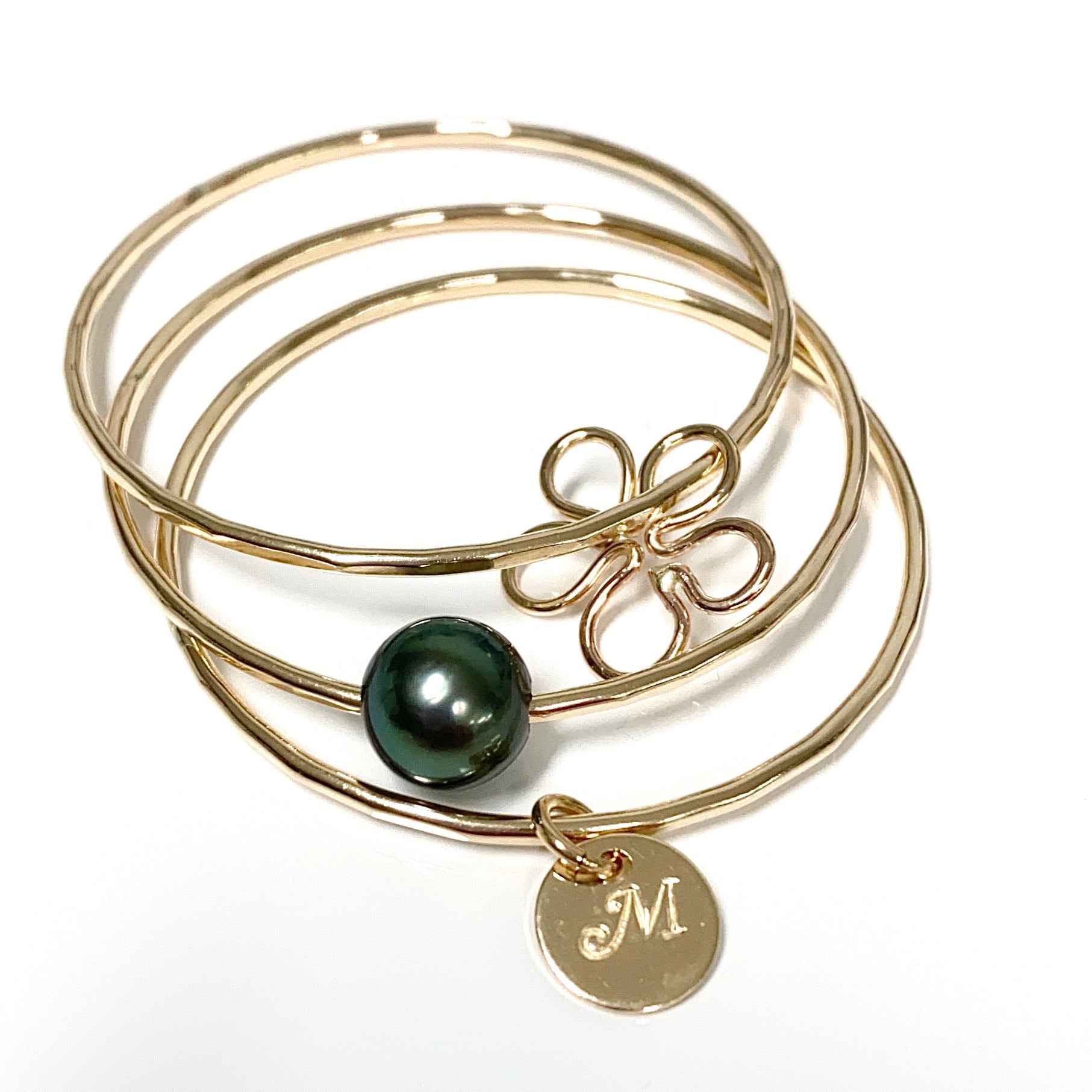 PUA Bangles Set - Baby Plumeria & Tahitian Pearl Bracelet (B419) | Elegant Handmade Jewelry for Women, Perfect for Weddings, Parties & Special Occasions