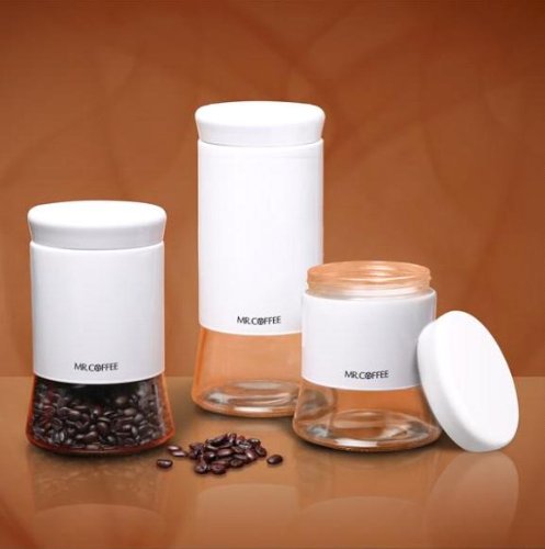 Premium Mr. Coffee 3-Piece Glass Canister Set with Airtight Lids - White Coffee Storage Containers for Kitchen Countertop, Pantry Organization & Coffee Station Decor
