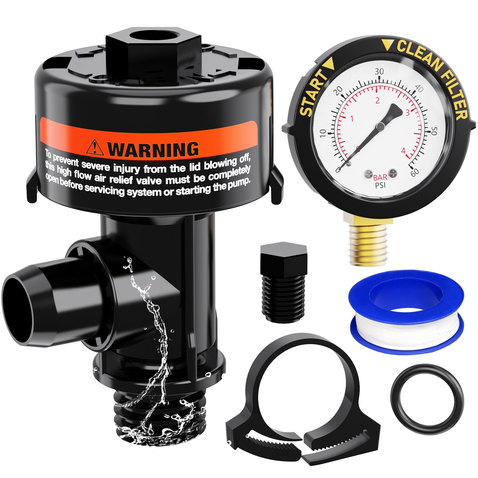 Pool Filter Air Relief Valve with Pressure Gauge - Manual Air Release Valve for Swimming Pool and Spa Filters - Replacement Kit Includes Gauge Plug, O-Rings & Clips - Perfect for Hayward, Pentair & Other Pool Filter Systems - Easy Maintenance & Water Pressure Regulation