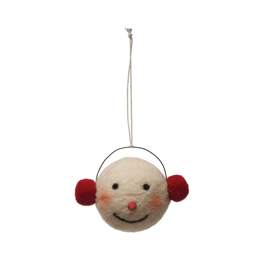Wool Felt Snowman Head Ornament with Earmuffs - Christmas Tree Decoration for Holiday Home Decor