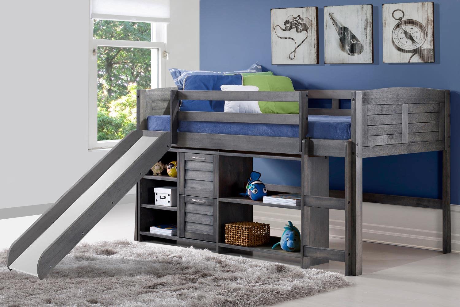 Pivot Direct Twin Size Low Loft Bed with Antique Grey Finish - Space Saving Kids Bunk Bed for Small Rooms, Dormitory & Apartment Living (Model PD_790AAG_C5_785AG)