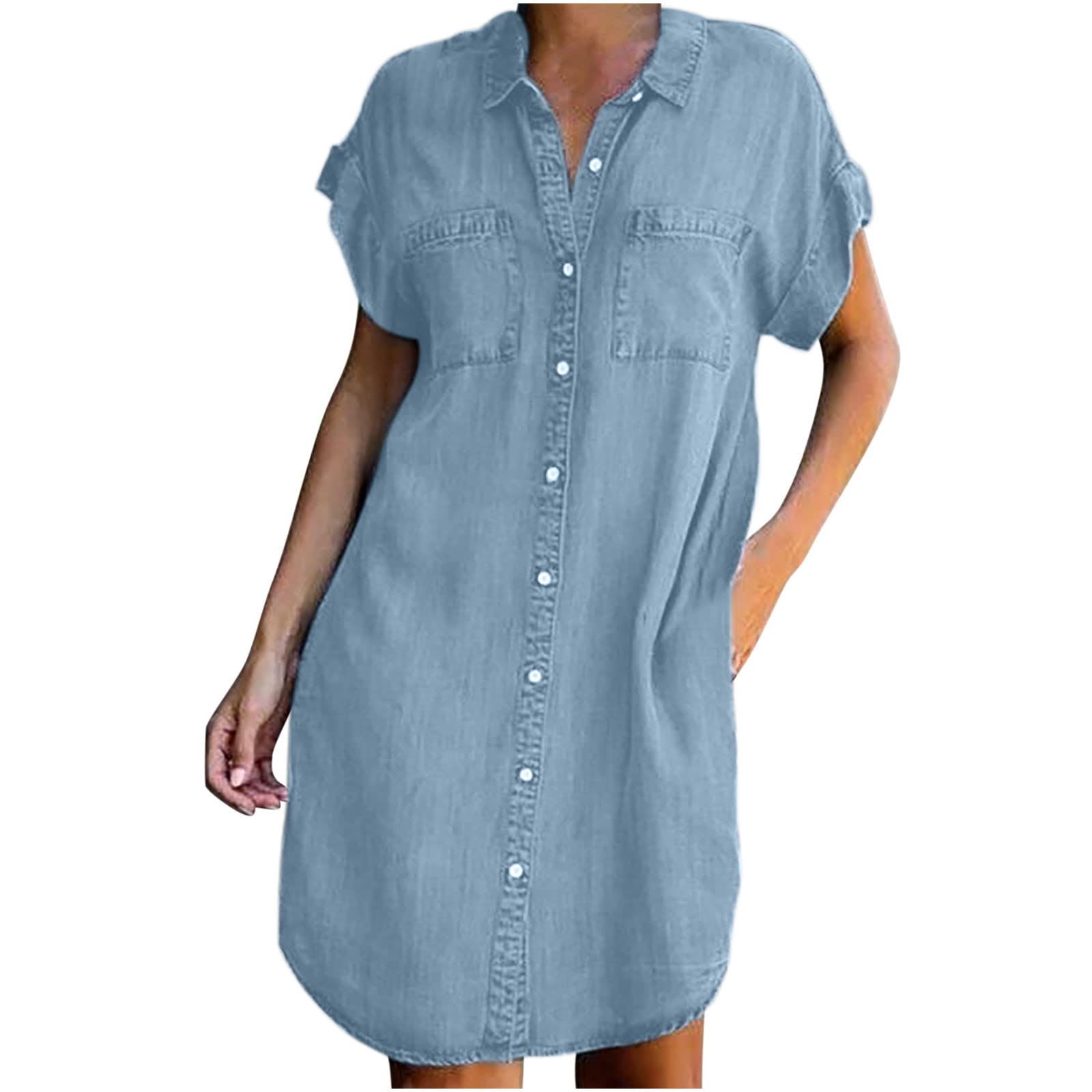 Women's Distressed Denim Shirt Dress - Casual Button Down Mini Dress for Summer Outings