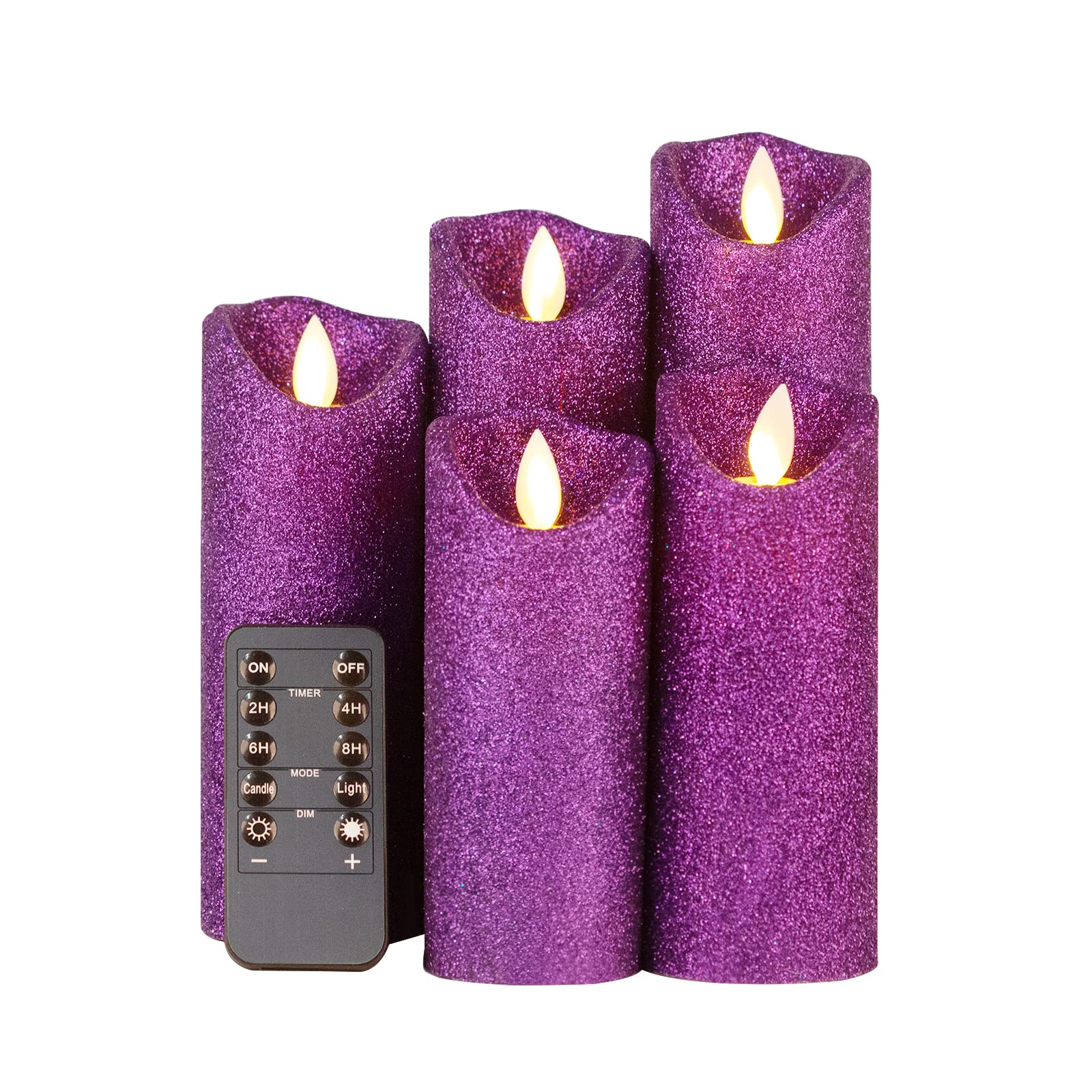 Evenice Flameless LED Candles with Moving Flame & Remote Timer - Set of 5 Purple Glitter Christmas Candles for Holiday Decor, Home Party, Wedding Centerpiece & Fireplace Ambiance