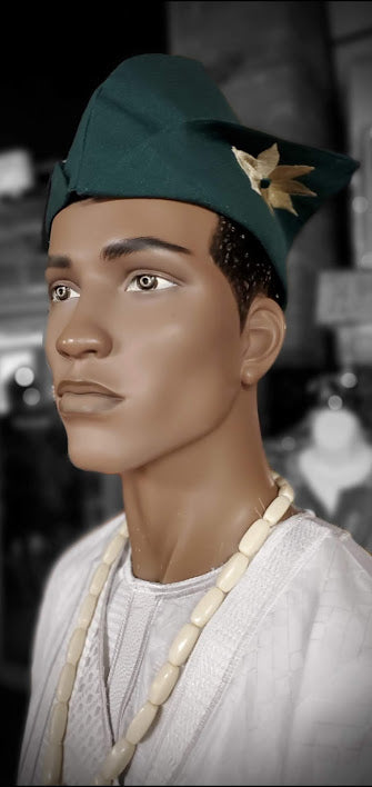 Green and Gold Abeti Aja Aso Oke Kufi Hat DPH5022 - Traditional Nigerian Cap for Men, African Cultural Headwear for Weddings, Festivals & Special Occasions