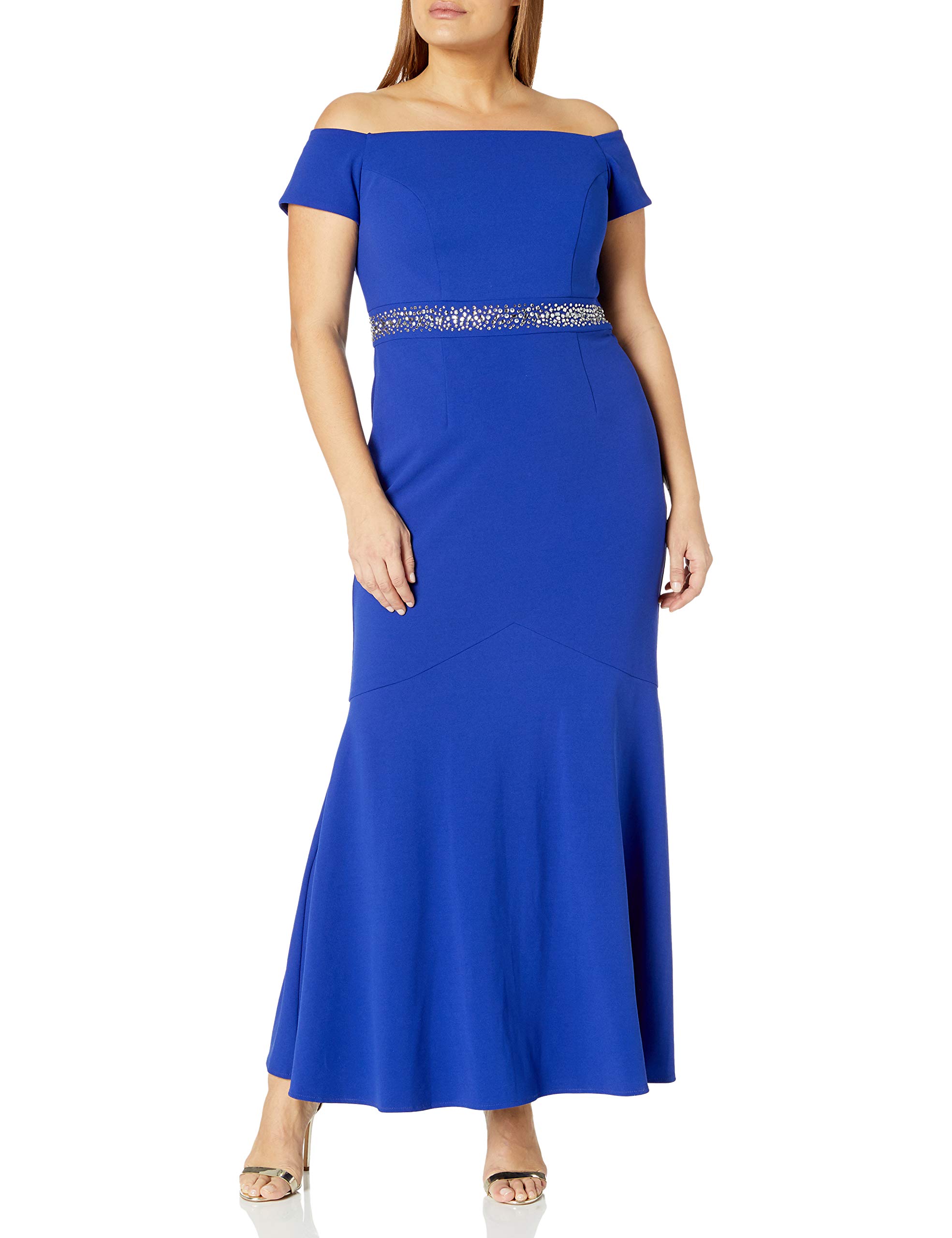Alex Evenings Women's Plus Size Long Off the Shoulder Beaded Waist Dress for Evening Gala, Prom, Wedding Guest & Special Occasions