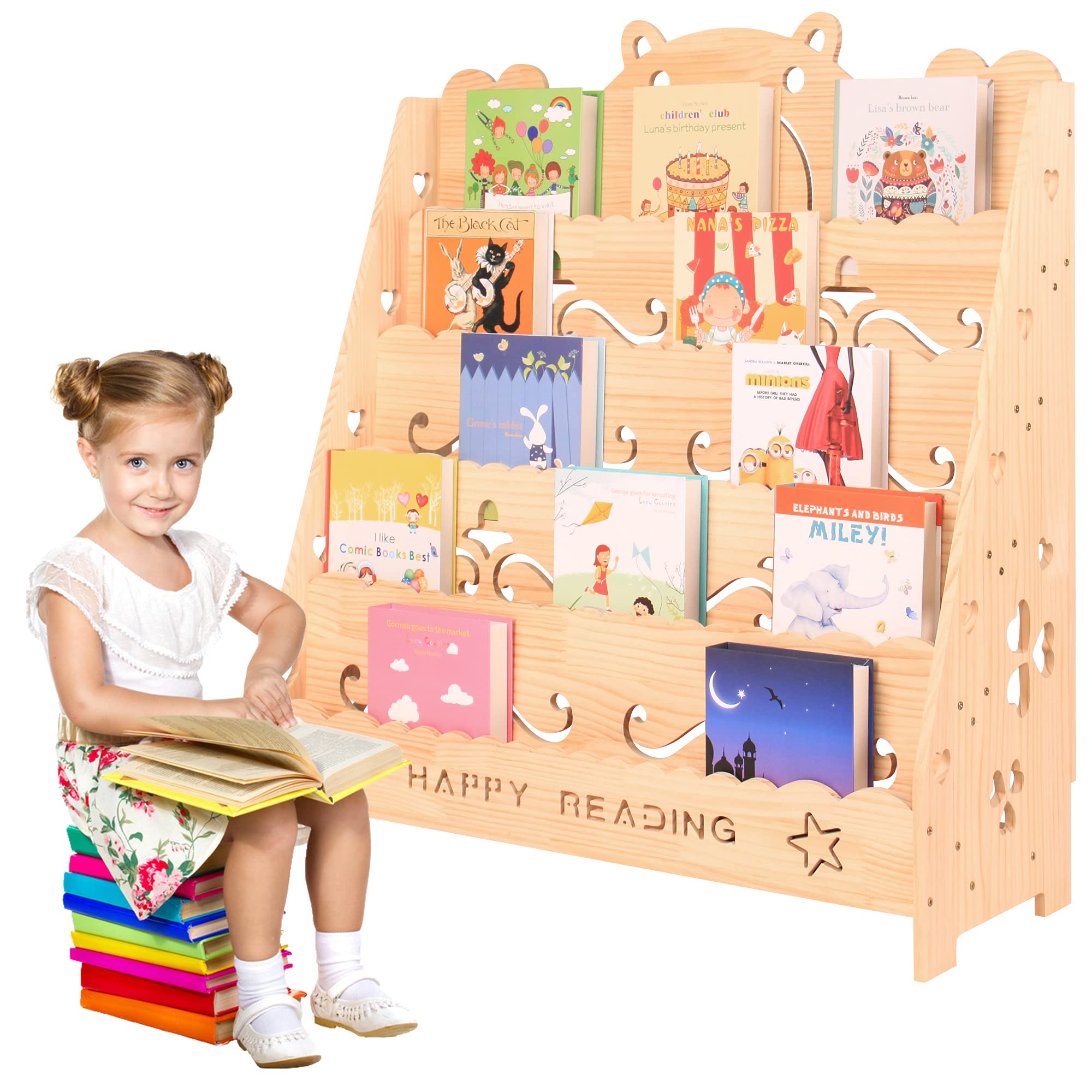 PETKABOO 5-Tier Wooden Kids Bookshelf with Cartoon Cubbies - Children's Book Organizer, Toy Storage Shelf for Bedroom & Playroom - Perfect Gift for Toddlers & Preschoolers - Ideal for Reading Nooks, Daycare Centers & Homeschooling Spaces