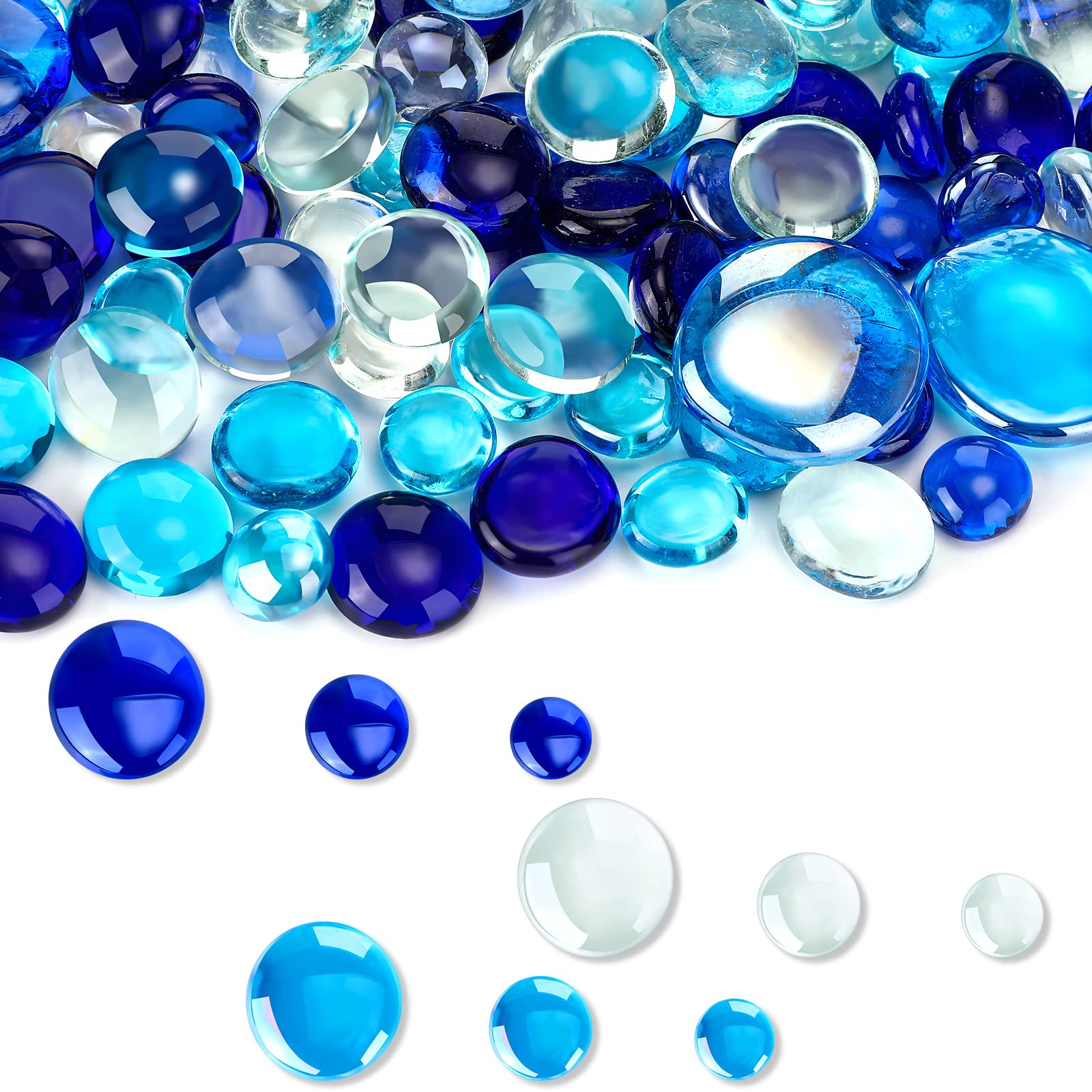 Honeydak 300 Pcs Flat Glass Marbles - Vase Filler, Aquarium Rocks, Table Scatter Decor for Home, Wedding, Fish Tank (2.4LB, Mainly Blue) | Perfect for Floral Arrangements, Centerpieces & DIY Crafts