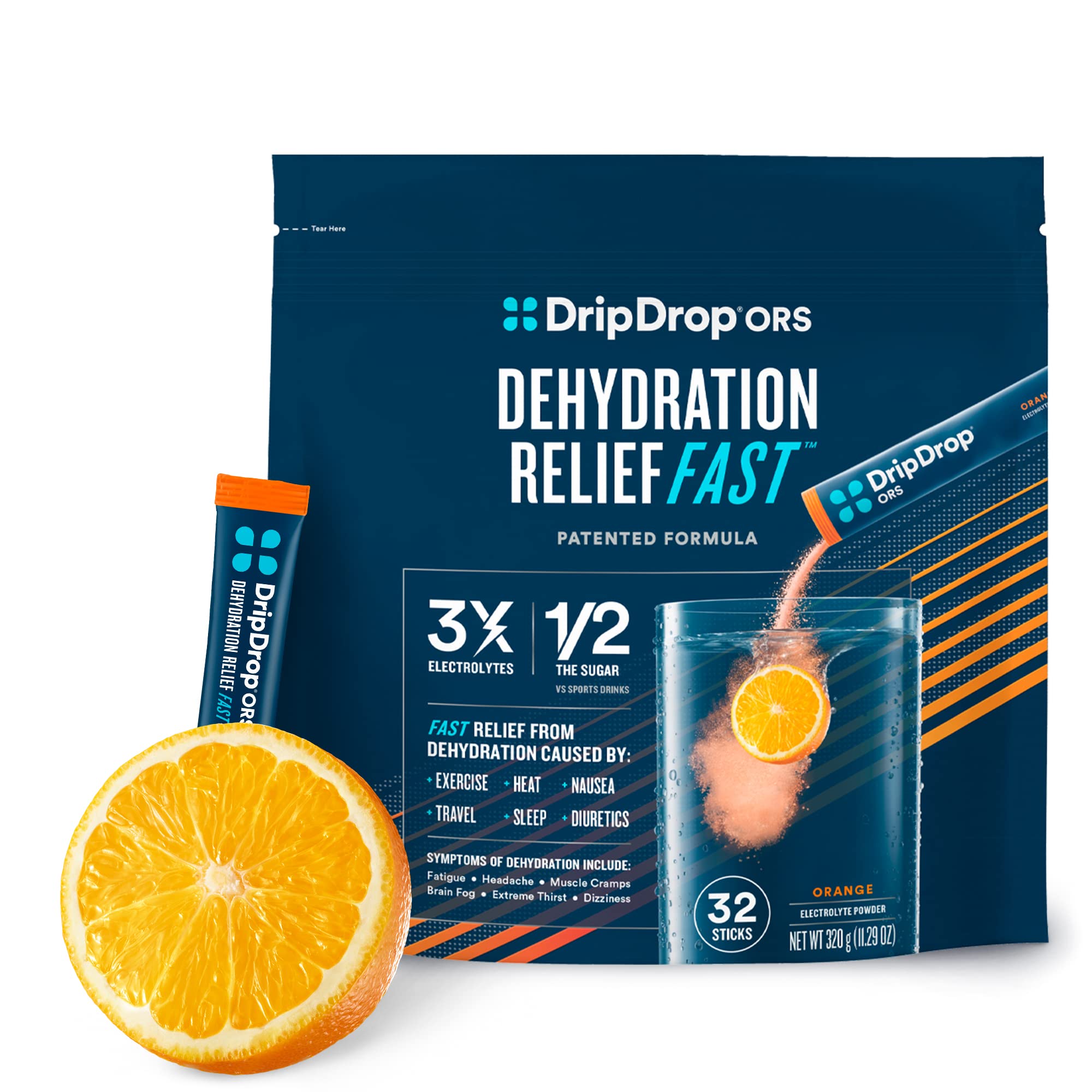 DripDrop Hydration Electrolyte Powder Packets - Orange Flavor - 32 Count for Fast Rehydration - Perfect for Workouts, Travel & Outdoor Activities