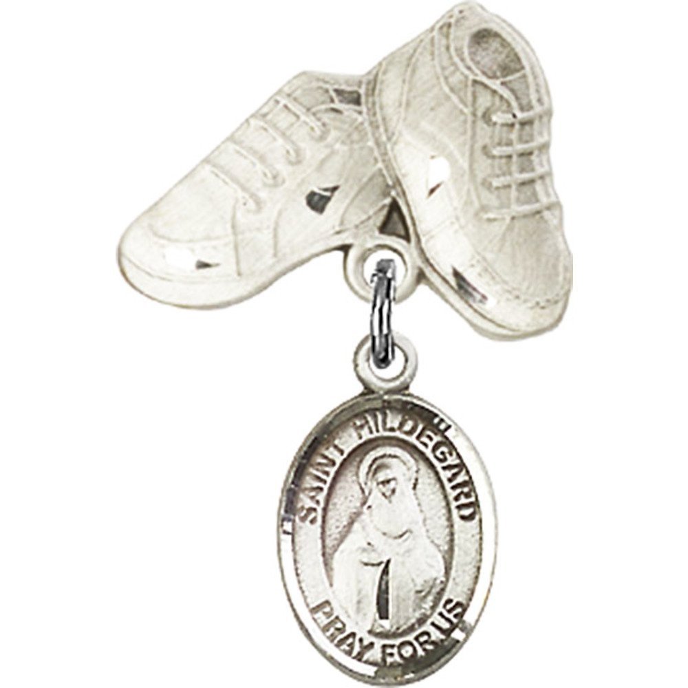 St. Hildegard Von Bingen Sterling Silver Baby Badge Charm with Baby Boots Pin - 1 X 5/8 Inch - Perfect for Christening Gifts, Baby Showers & Keepsake Jewelry