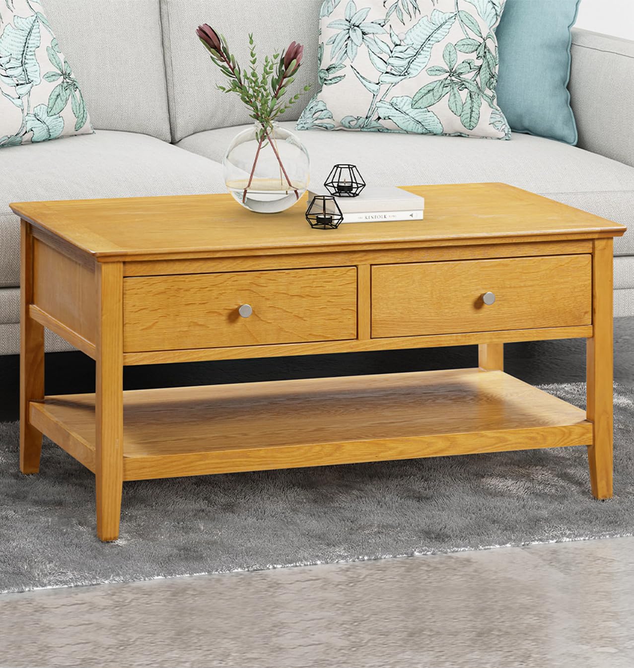 Hereford Oak Large Coffee Table with Storage Drawers & Shelf - Solid Wood Rectangular Side Table for Living Room & Office - Perfect for Storing Magazines, Remote Controls & Home Decor
