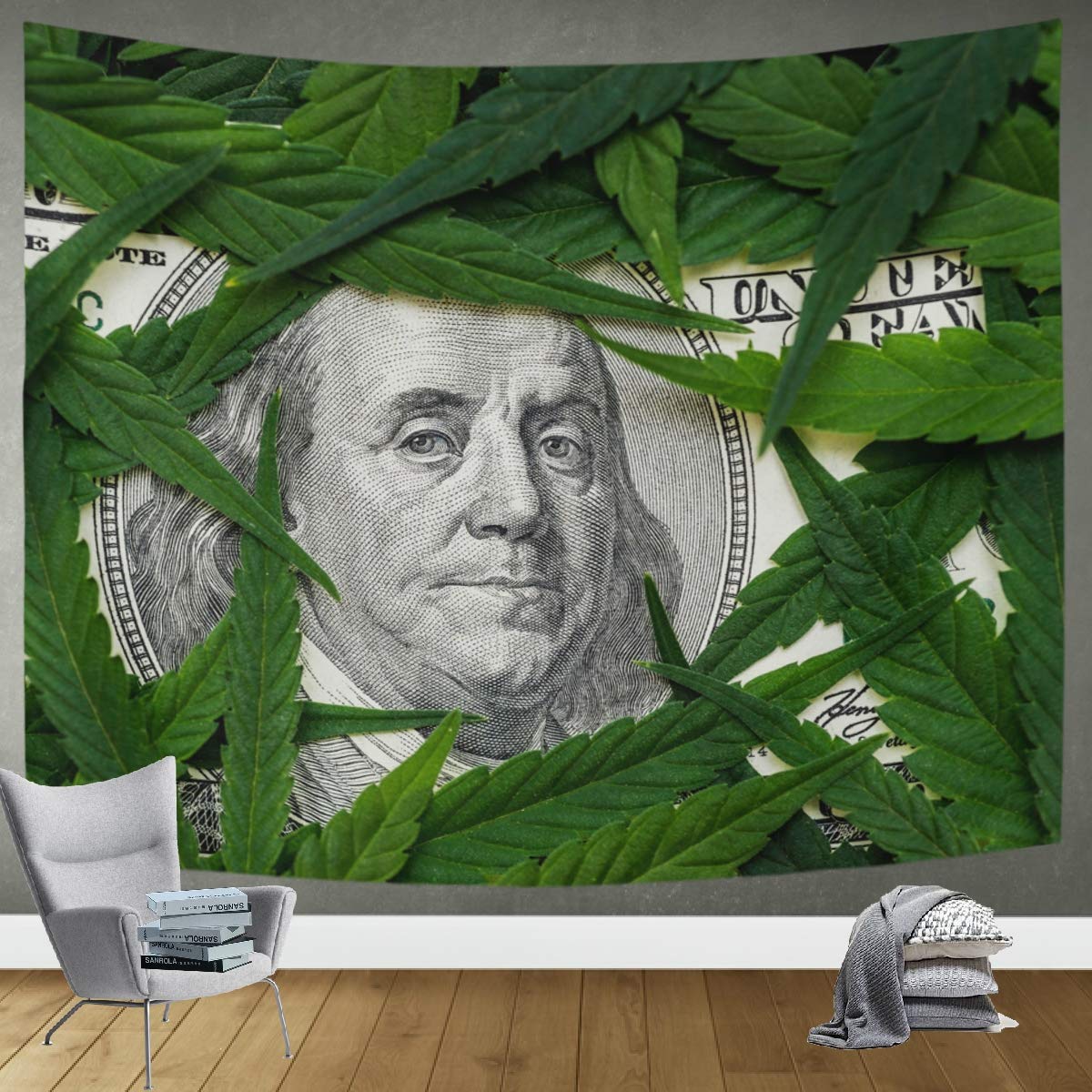 DOMIKING Money & Marijuana Leaves Tapestry - 60x51in Bohemian Wall Hanging for Bedroom Decor, Living Room Aesthetic, Dorm Room & Festival Use - Soft Wall Blanket for Hippie Style Home Decor