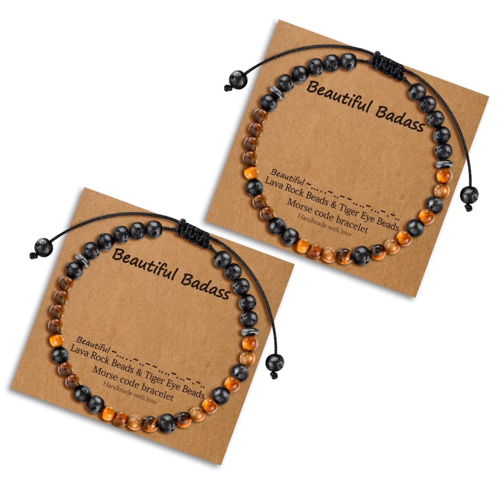 Morse Code Bracelets for Women - 2pcs Tiger Eye Beaded & Lava Rock Friendship Bracelets - Inspirational Birthday Gifts for Best Friend - Perfect for Daily Wear, Meditation, and Special Occasions