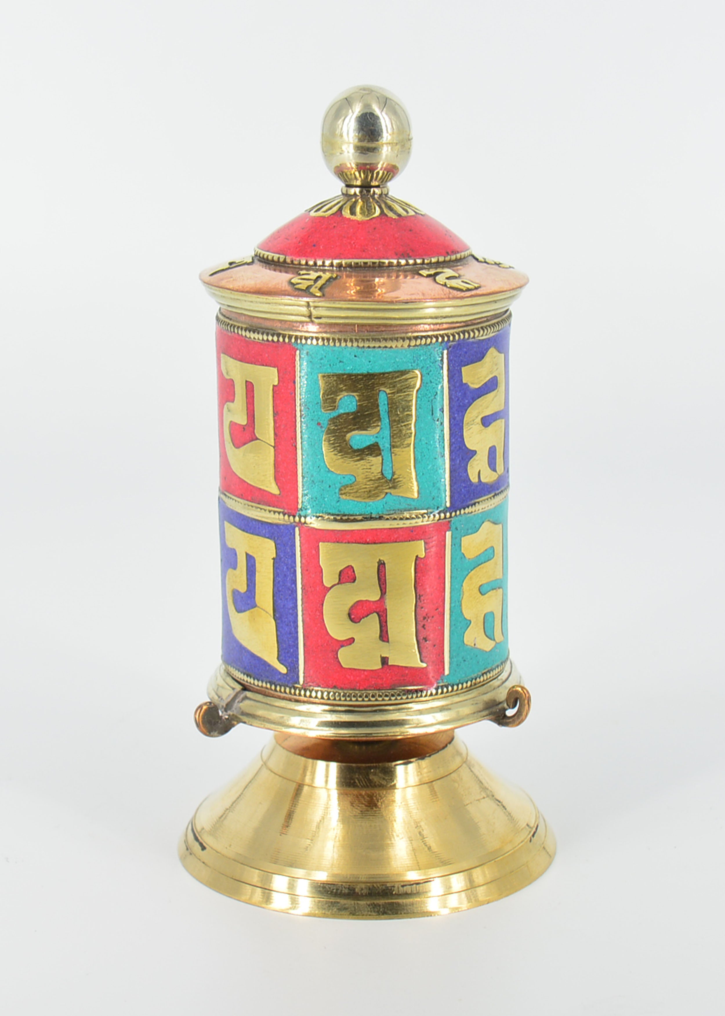 Authentic Tibetan Prayer Wheel - Handcrafted Copper & Brass with Turquoise, Coral & Lapis Lazuli - Buddhist Meditation & Spiritual Healing Tool for Home Altar & Yoga Studio