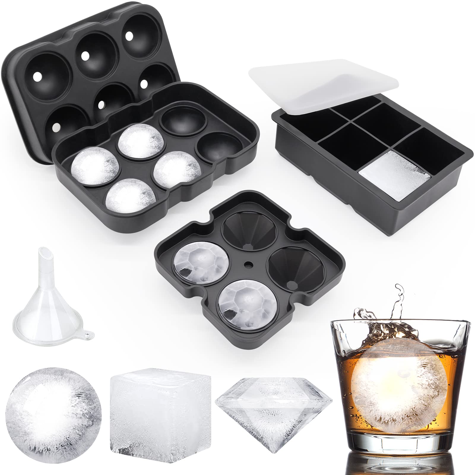 Premium Silicone Ice Cube Trays with Lid - Set of 3 (6 Ball, 4 Diamond & 21-Cube) | BPA Free Reusable Whiskey Ice Molds for Cocktails, Drinks & DIY | Perfect for Home Bars, Parties & Kitchen Use