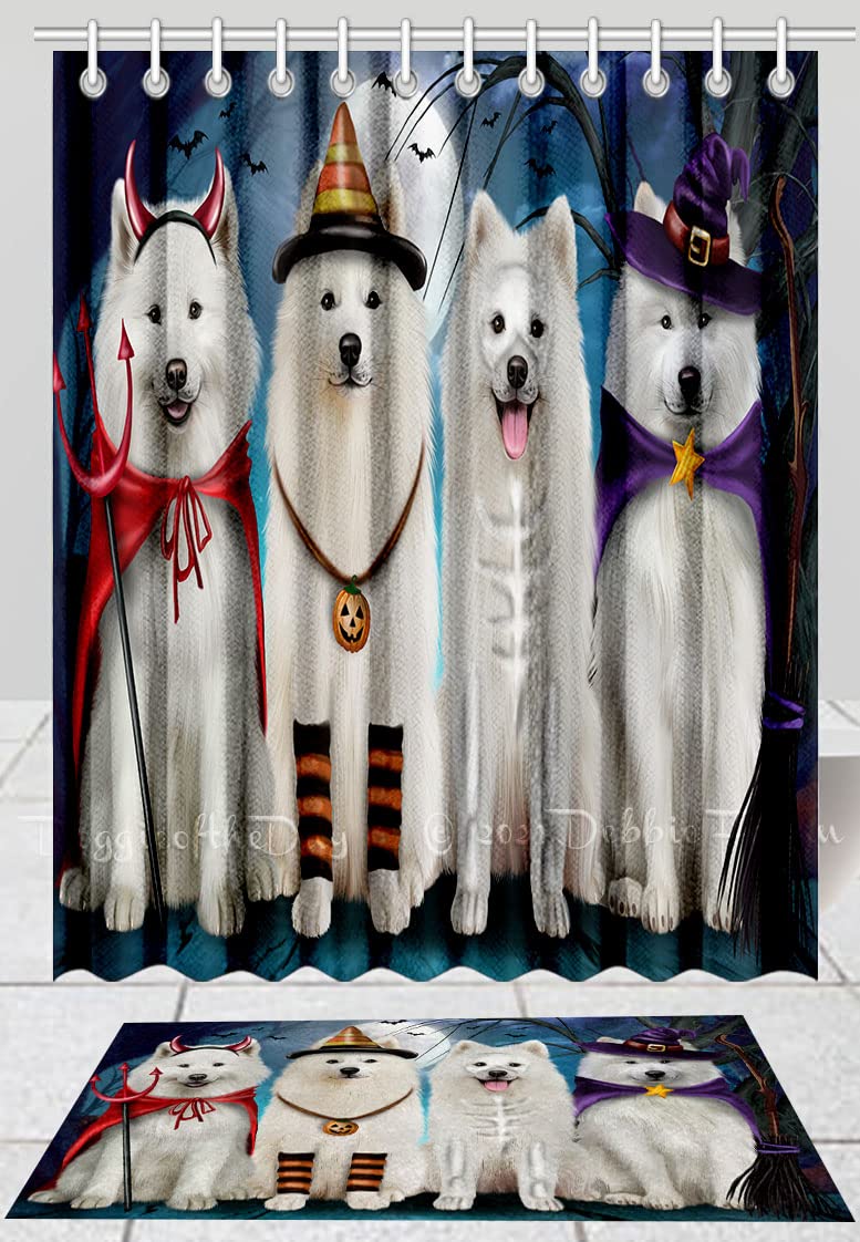 Halloween Samoyed Dog Bath Mat & Shower Curtain Set - Non-Slip Plush Bathroom Rug with Polyester Bathtub Curtain (20