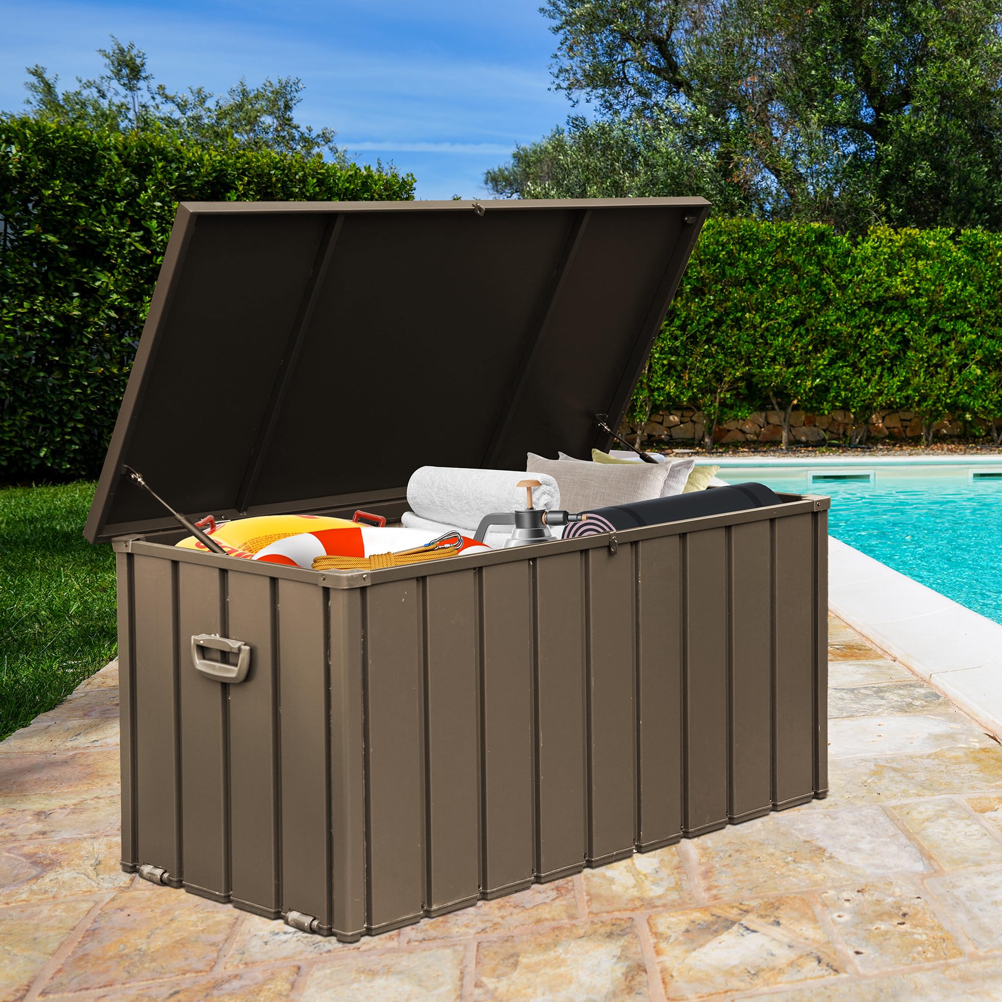 120 Gallon Lockable Outdoor Deck Storage Box - Waterproof Metal Cabinet for Patio Furniture, Garden Tools & Pool Supplies | Large Brown Storage Bin for Cushions, Toys & Seasonal Items | Perfect for Backyard, Deck & Poolside Organization