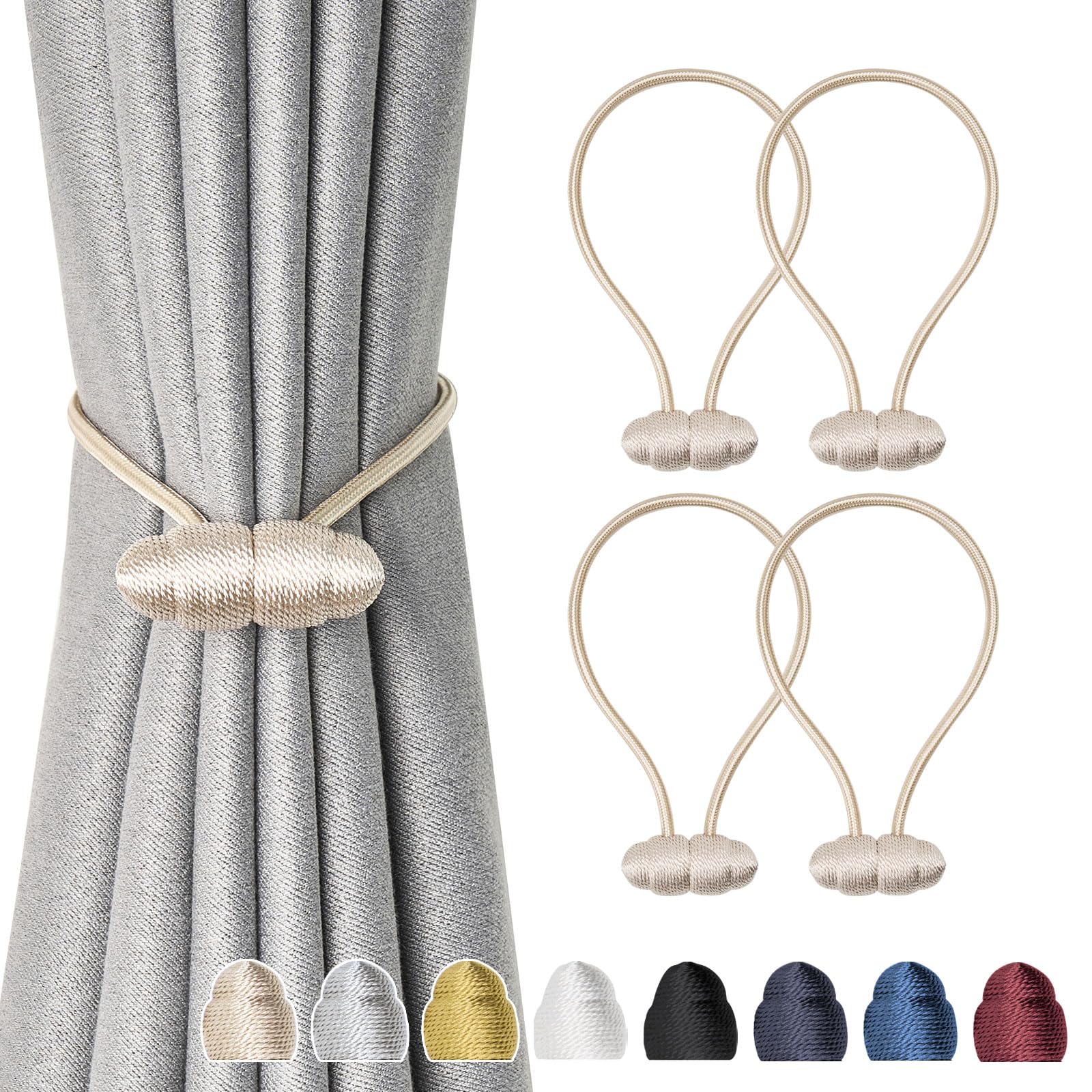 NICEEC 4 Pack 16 Inch Magnetic Curtain Tiebacks - Handwoven Rope Drapery Holdbacks for Windows, Modern Elegant Beige Curtain Drape Tie Backs for Living Room, Bedroom & Outdoor Use