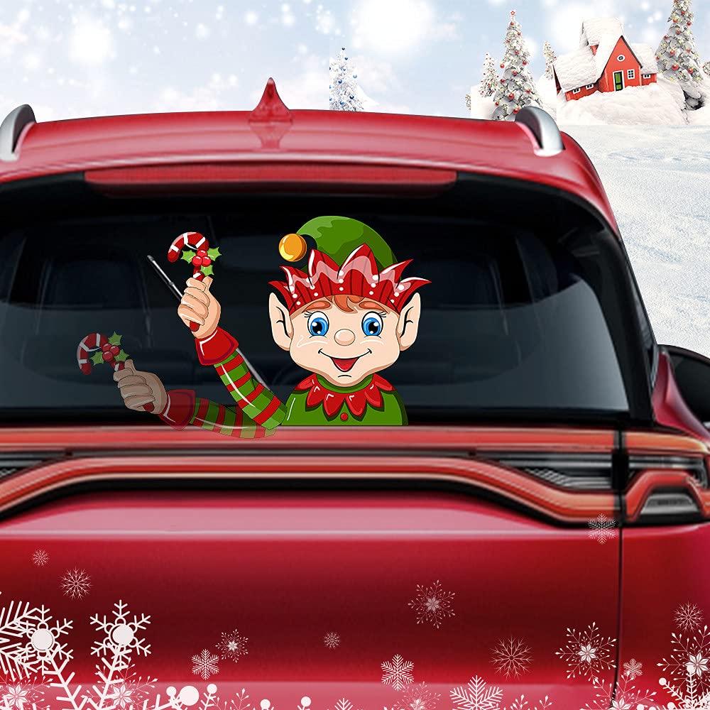 Funny Christmas Elf Waving Arm Car Wiper Decal - Waterproof Rear Windshield Wiper Blade Sticker for Cars (Short Hat Elf) | Holiday Car Decoration & Seasonal Auto Accessories