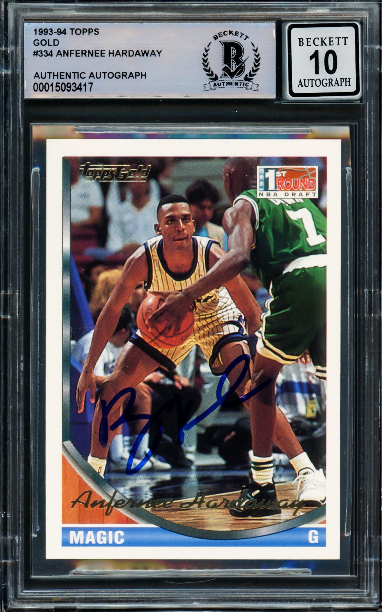 Anfernee Hardaway Autographed 1993-94 Topps Gold Rookie Card #334 Orlando Magic PSA 10 Gem Mint Beckett BAS #15093417 - Perfect for NBA Memorabilia Collectors & Penny Hardaway Fans