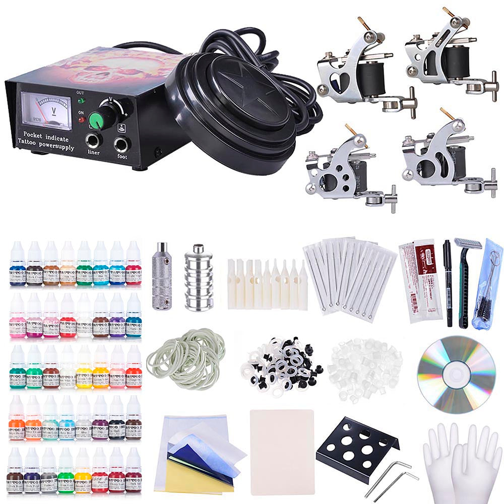 Professional 4 Tattoo Gun Machine Kit with Power Supply & 40 Vibrant Inks - Complete Tattoo Starter Set for Artists & Beginners | Home Studio & Professional Tattoo Parlor Use