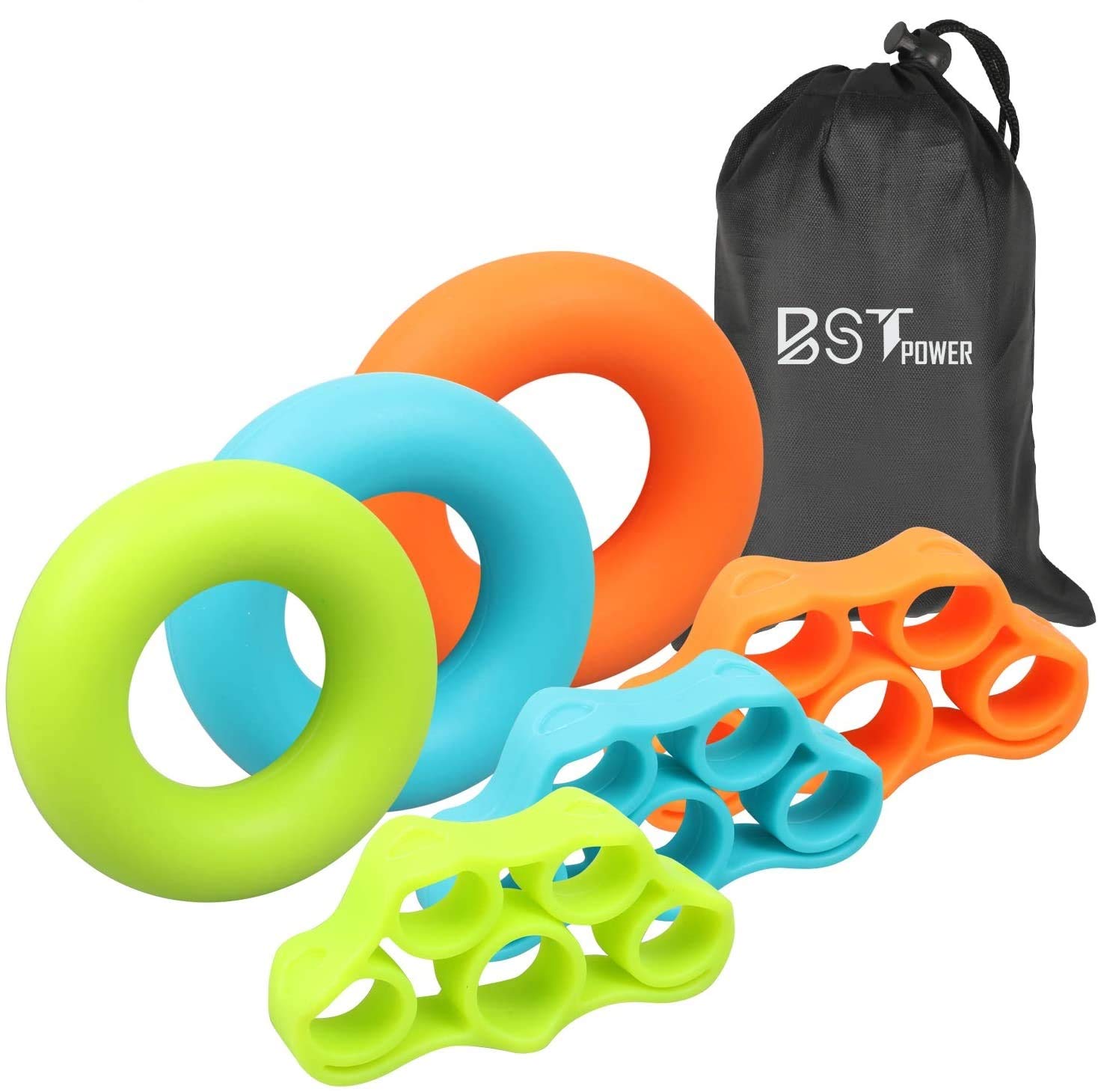 BSTPOWER 6 Pack Hand Grip Strengthener Set with 3 Resistance Levels - Finger Stretcher, Extensor Bands & Grip Strength Rings - Perfect for Home Workouts, Physical Therapy & Rock Climbing Training