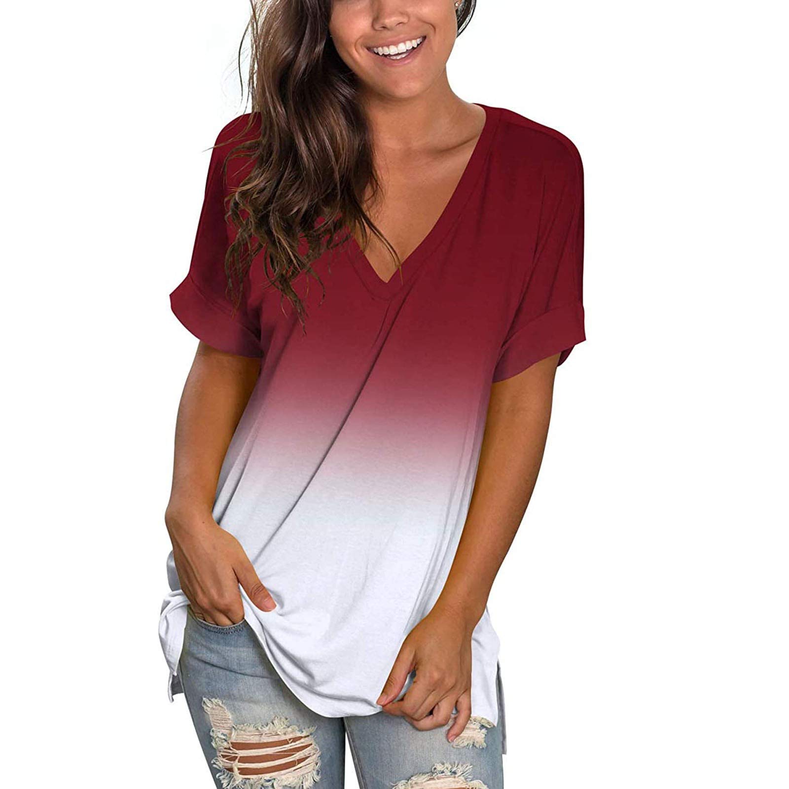 ZEFOTIM Women's Cute Summer Tops - Trendy Gradient Print Slim Fit Short Sleeve V-Neck Tunic Blouse | Casual Wear, Office Outfits & Date Night Fashion