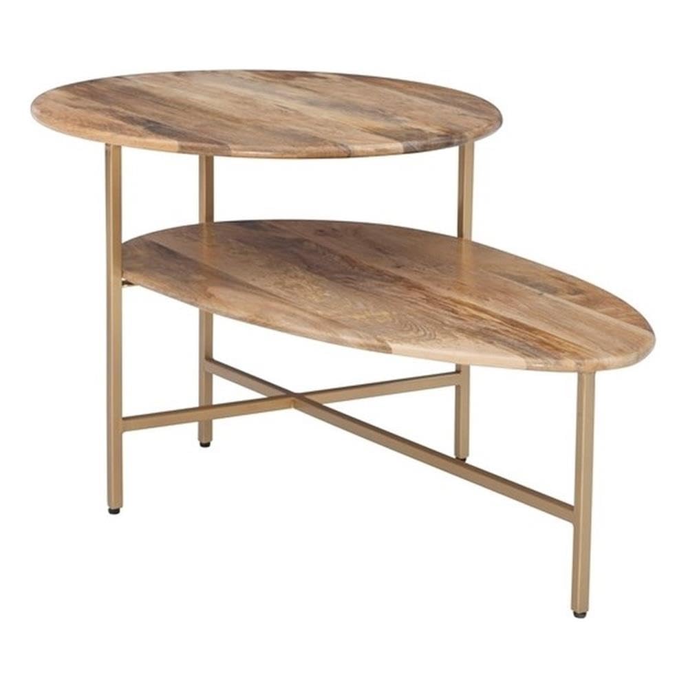 Powell Furniture Linon Devyn Two-Tier Wood & Metal Coffee Table - Natural & Gold Finish - Perfect for Living Room, Lounge & Home Decor