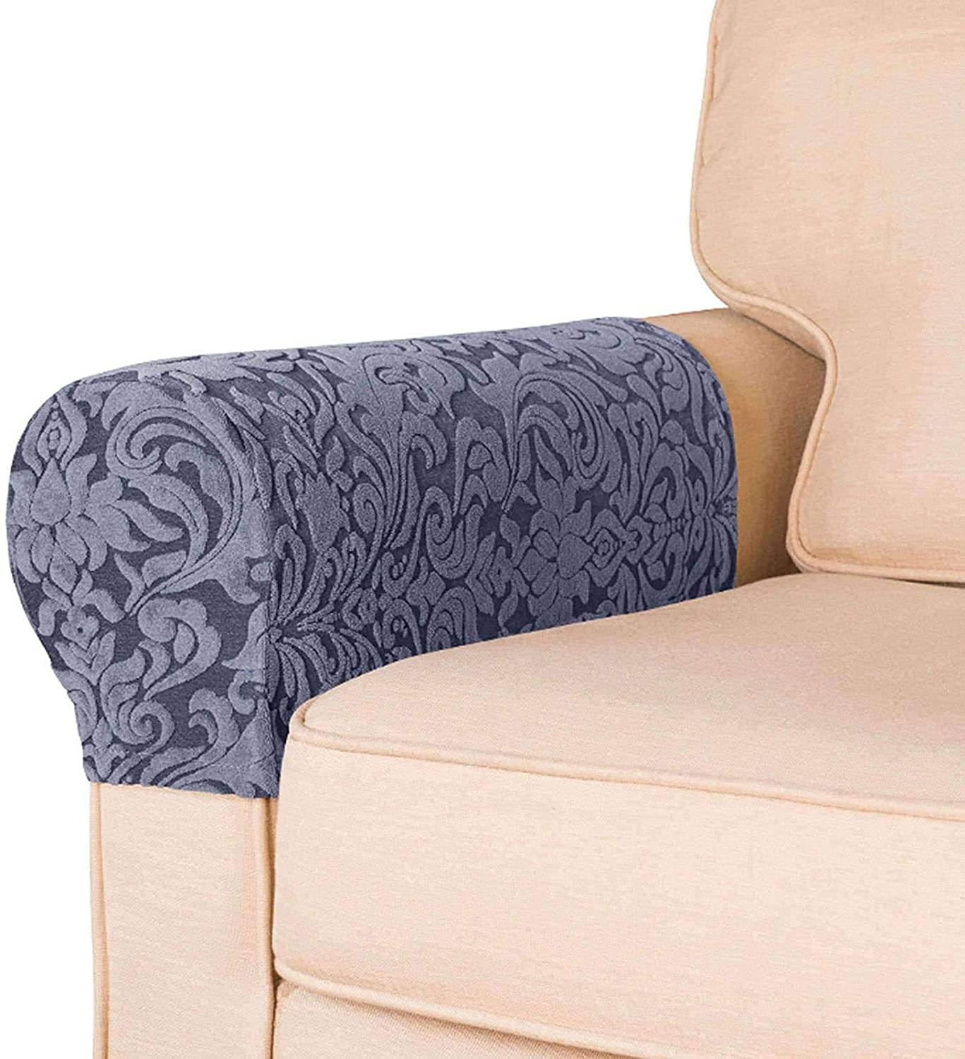Stretch Sofa Armrest Covers - Non-Slip Jacquard Fabric Arm Protectors with Twist Pins (2-Piece Set, Dark Gray) - Perfect for Living Room Furniture Protection & Home Decor