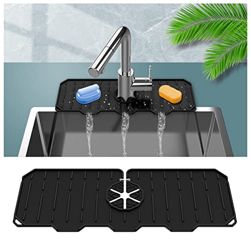 Non-Slip Silicone Faucet Mat - Drip Catcher & Splash Guard for Kitchen & Bathroom Sinks (Black) - Perfect Countertop Protector