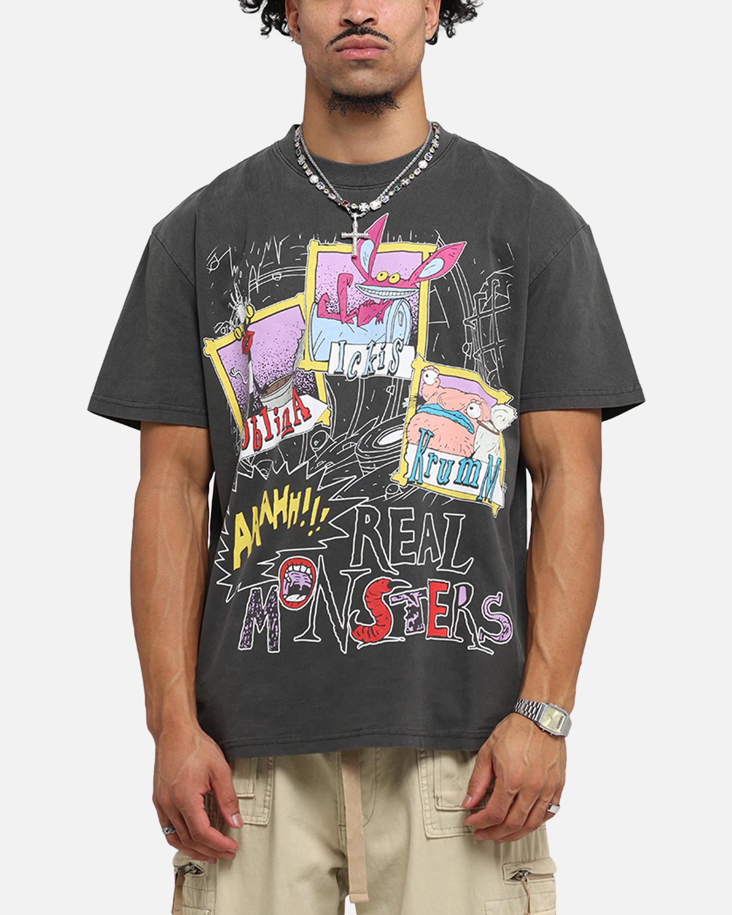 American Thrift x Aaahh!!! Real Monsters Vintage Heavyweight T-Shirt - Black Washed Cotton Tee for Casual Wear & Retro Fashion