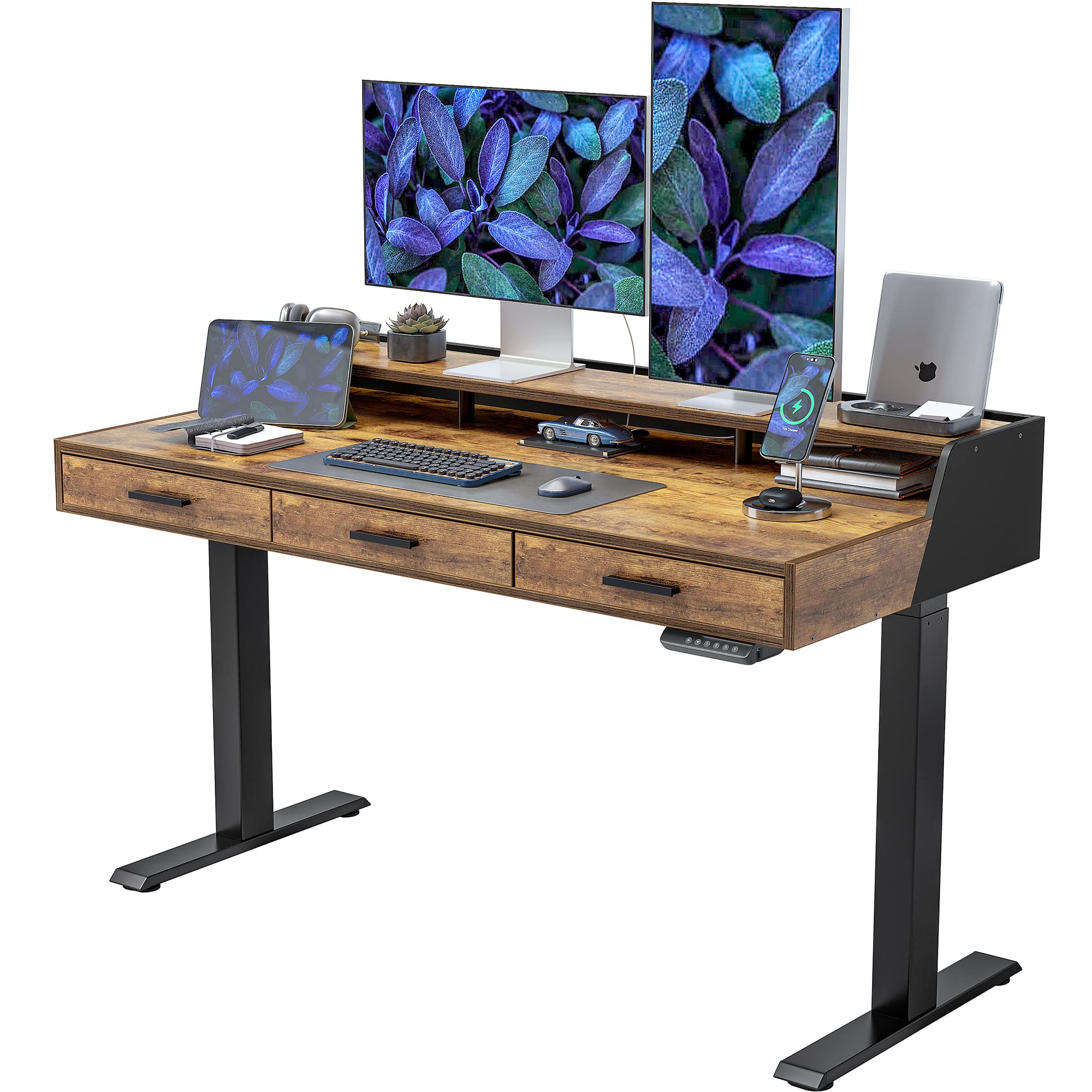 FEZIBO 55x26 Inch Electric Adjustable Height Standing Desk with Drawers & Monitor Shelf - Rustic Brown Home Office Desk for Sit Stand Workstation | Perfect for Remote Work, Study & Gaming Setup