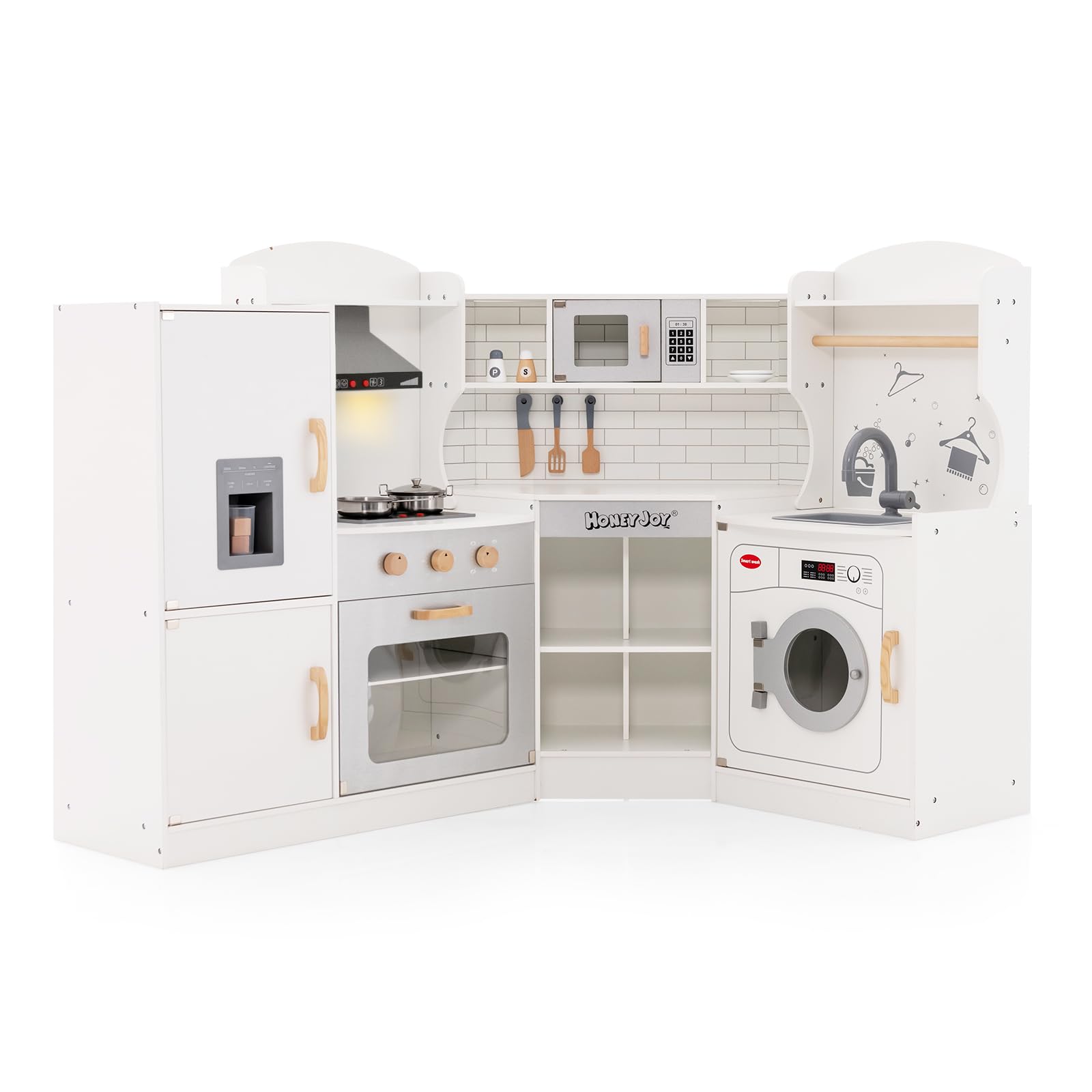HONEY JOY Wooden Play Kitchen Set for Toddlers - Pretend Cooking Toy with Sink & Microwave for Kids Playroom