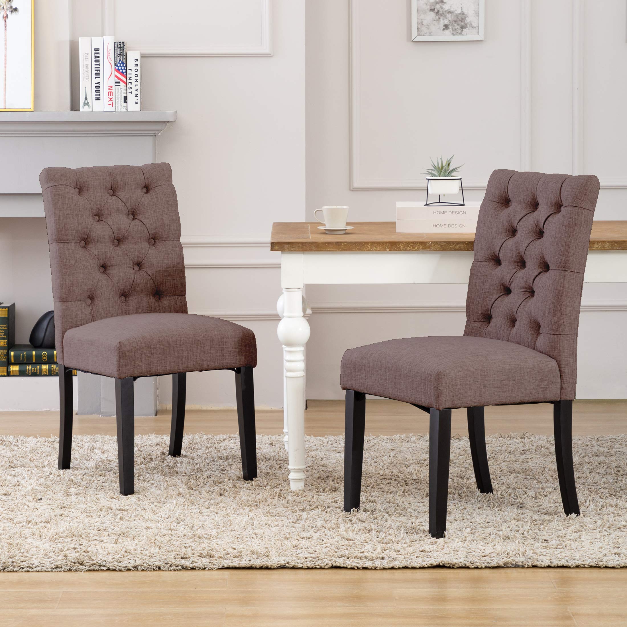 WestinTrends Upholstered Button Tufted Dining Side Chairs (Set of 2) - Brown Fabric Accent Chairs for Kitchen, Dining Room, Breakfast Nook & Home Decor