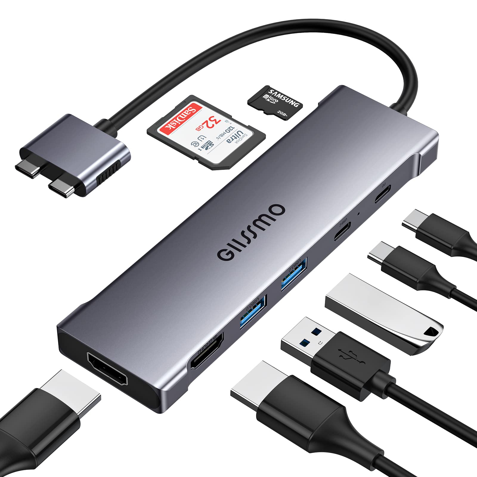 8-in-2 USB C Hub for MacBook Pro/Air (2021-2018) - Dual HDMI Adapter with 2 USB 3.0 Ports, SD/TF Card Reader, 100W PD Charging - Perfect for Home Office, Video Conferencing & Multi-Screen Workstations