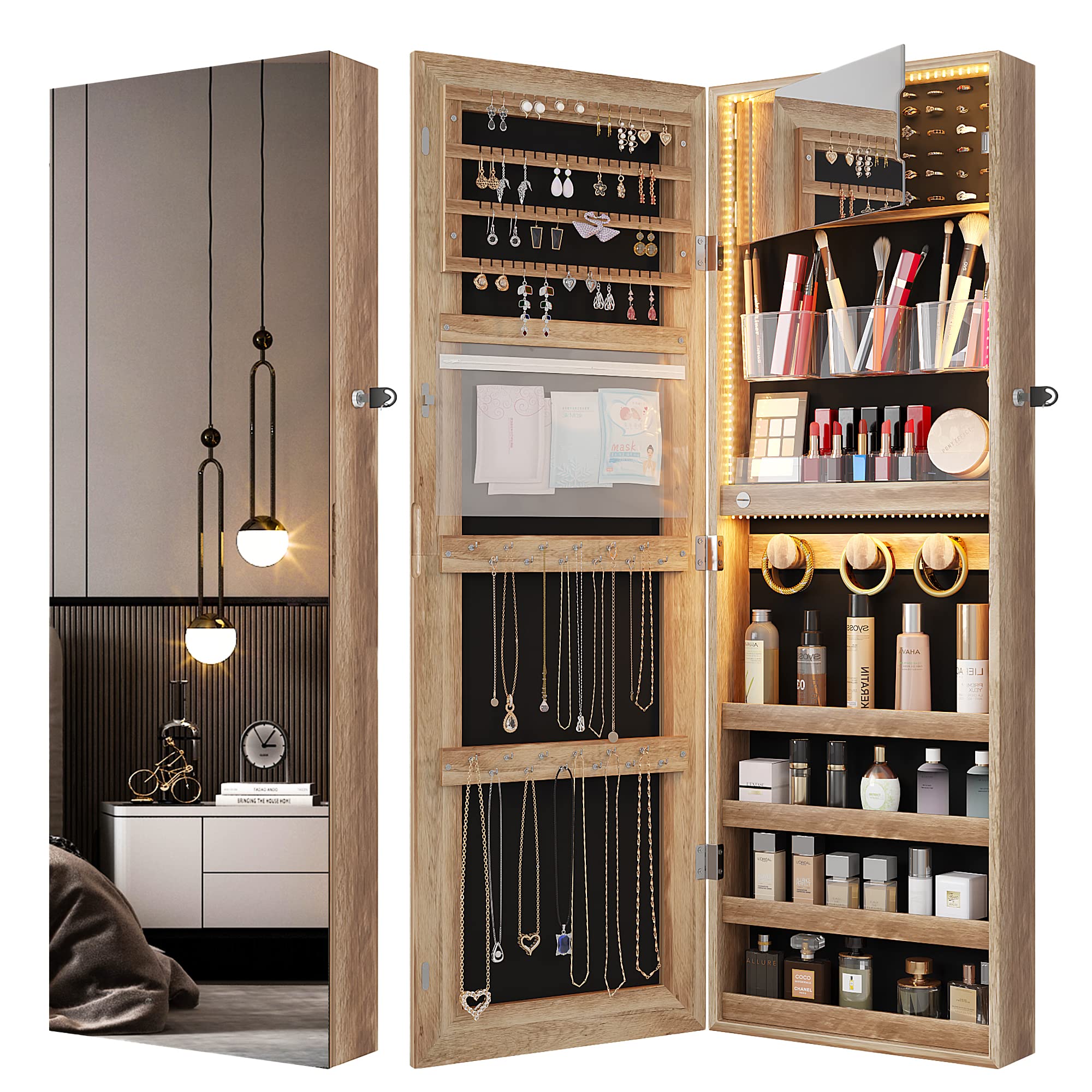 FREDEES 4-Tier Jewelry Cabinet with Full-Length Mirror & LED Lights - Lockable Wooden Storage Organizer for Necklaces, Rings & Accessories - Perfect for Bedroom, Closet & Dressing Room