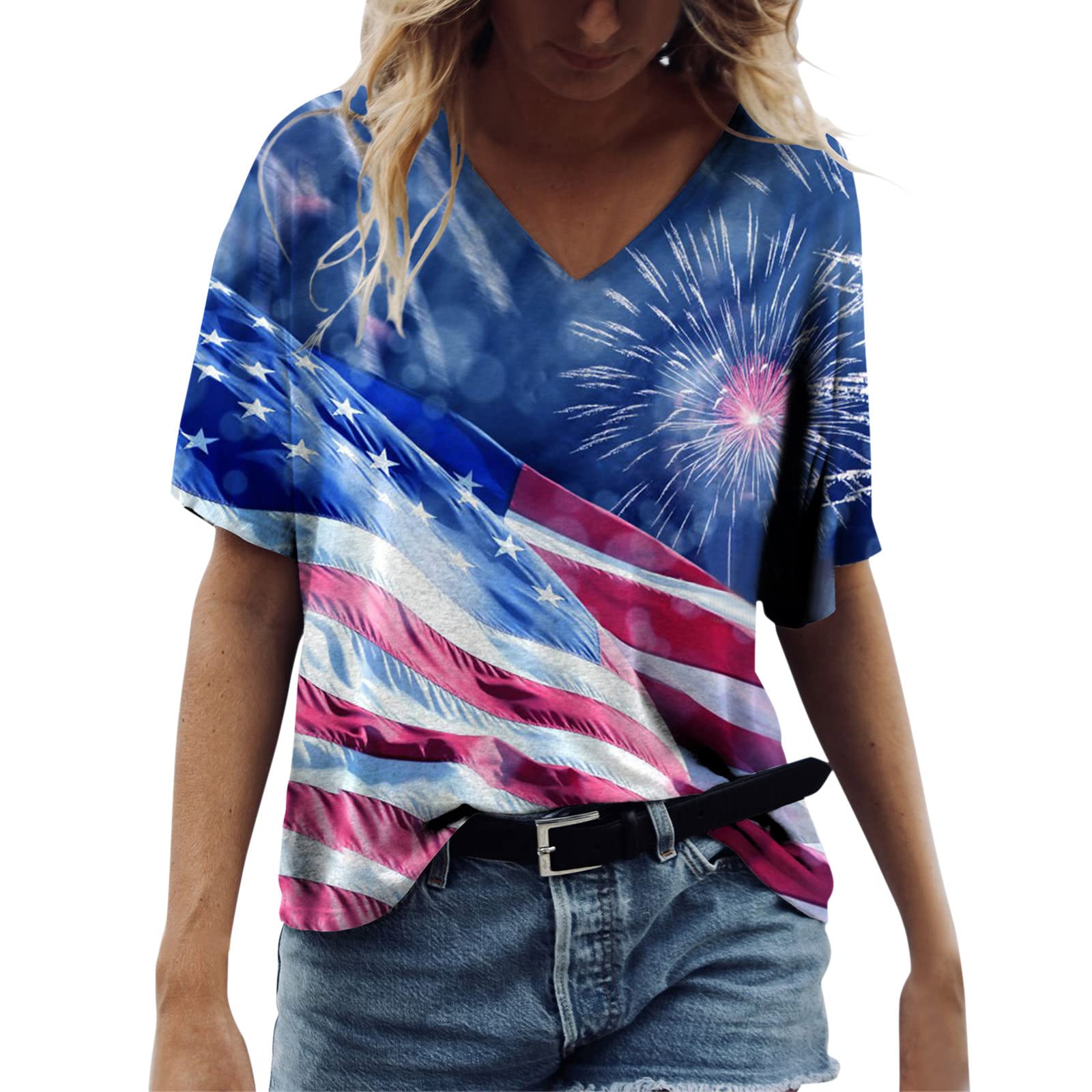 Women's Casual Summer V-Neck Short Sleeve T-Shirt - Loose Fit Printed Tunic Blouse in Blue | Perfect for Beach Outings, Weekend Wear & Summer Vacations