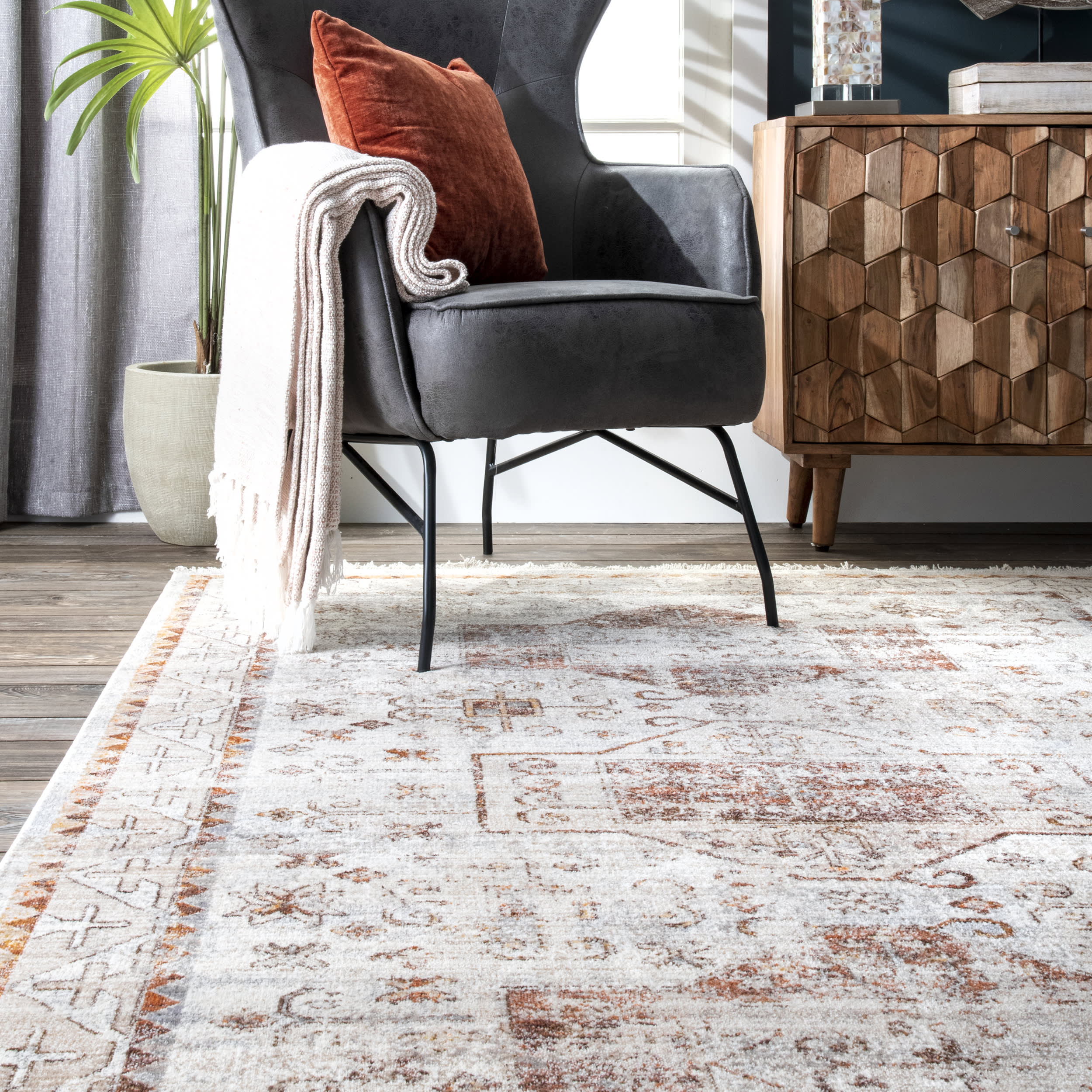 Faded Native Panels Rug - Beige Bohemian Style Area Rug for Living Room, Bedroom, and Home Decor