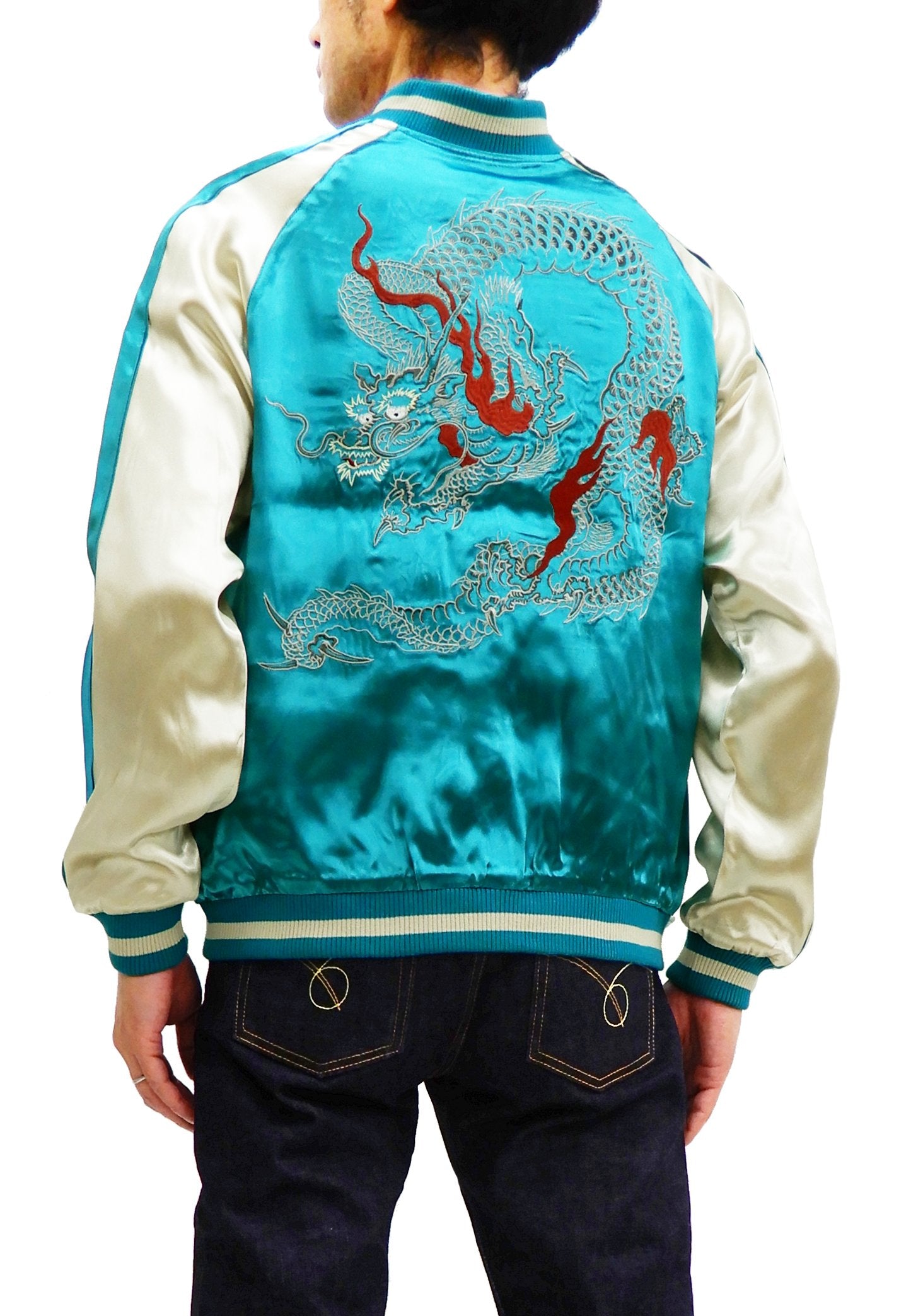 Japanese Souvenir Jacket for Men - Dragon Embroidered Sukajan Bomber Jacket in Blue Green/Off White | Vintage-Inspired Asian Streetwear | Perfect for Casual Outfits, Cosplay & Festival Fashion