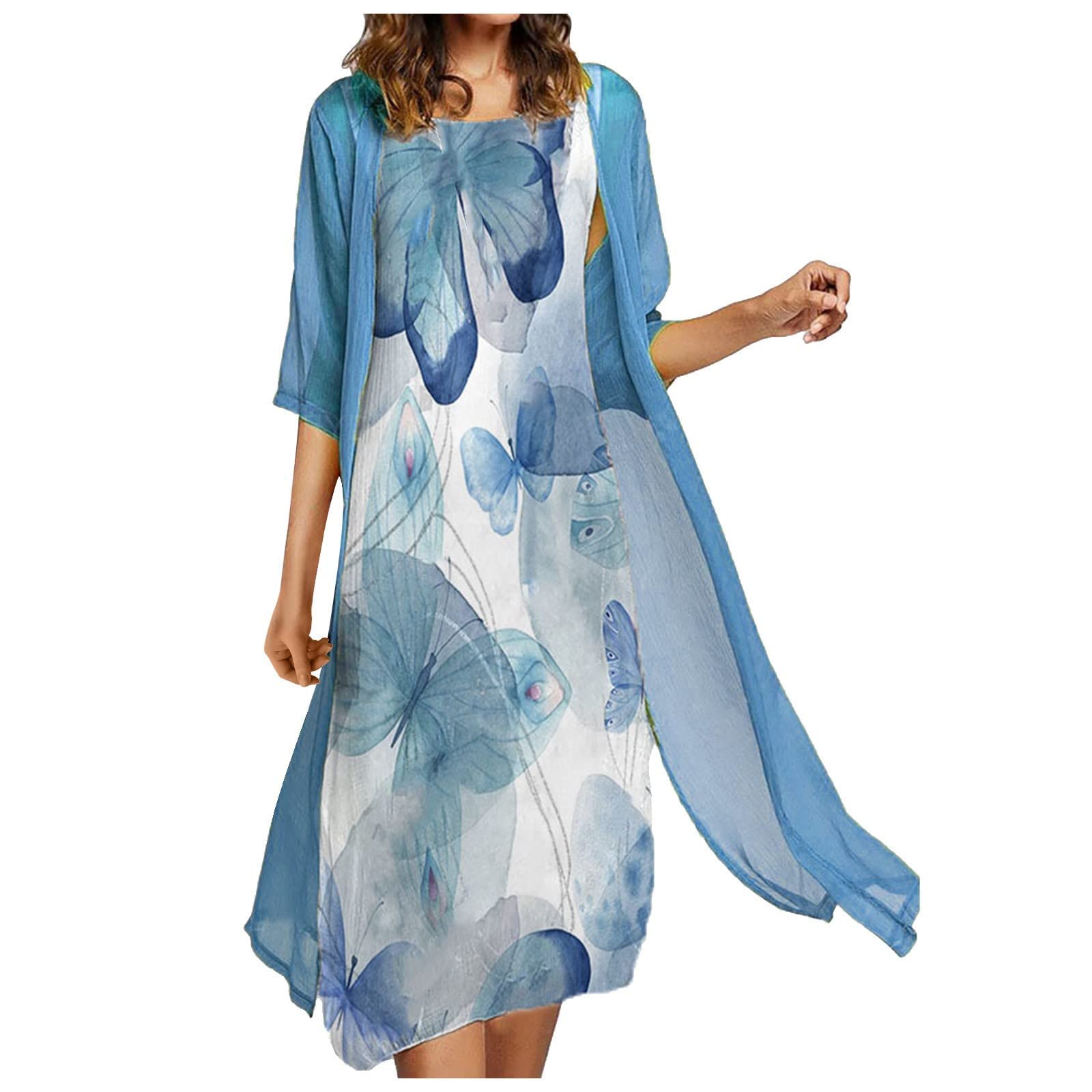 Elegant Women's 2 Piece Outfit - Crewneck Sleeveless Midi Dress with Chiffon Cardigan for Wedding Guest, Party & Special Occasions - Plus Size Casual Summer Dress Set