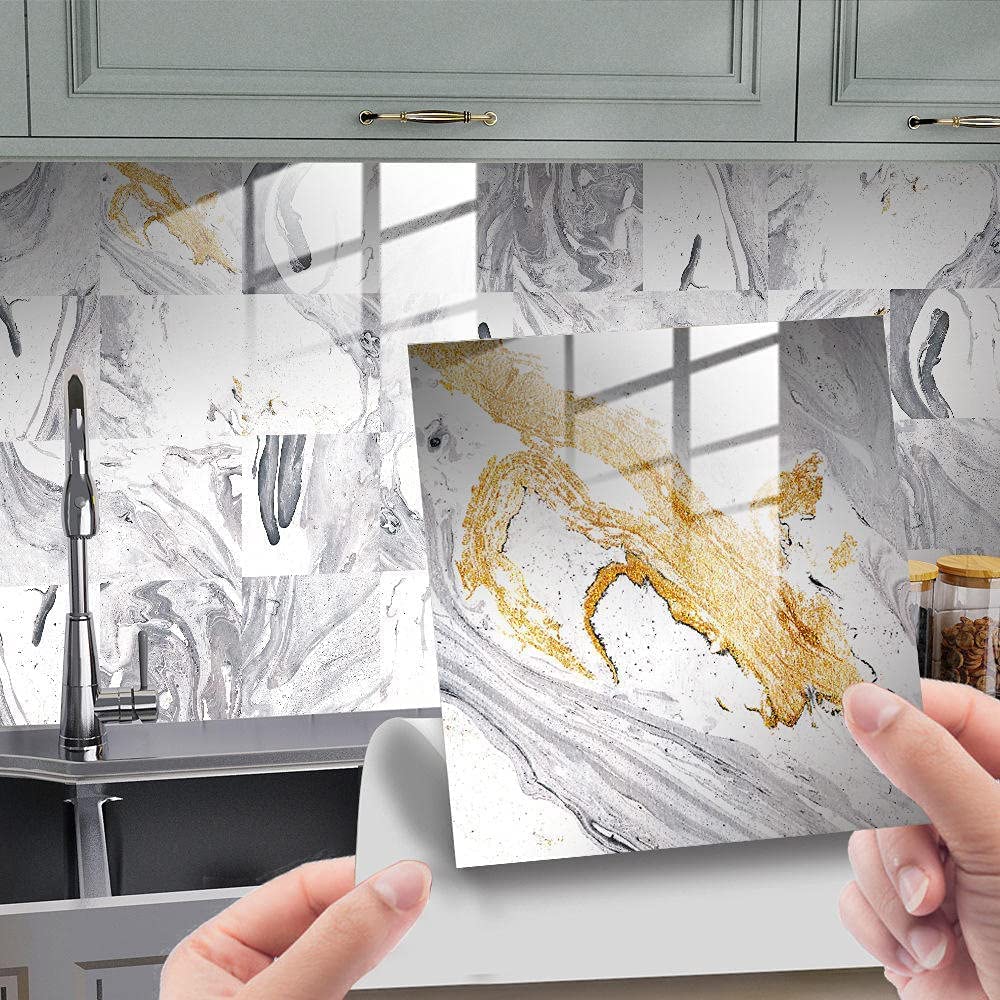10-Pack 15cm x 15cm Marble Tile Stickers - Peel & Stick Wall Tile Decals for Kitchen Backsplash, Bathroom & Home Decor | Waterproof & Removable DIY Home Improvement