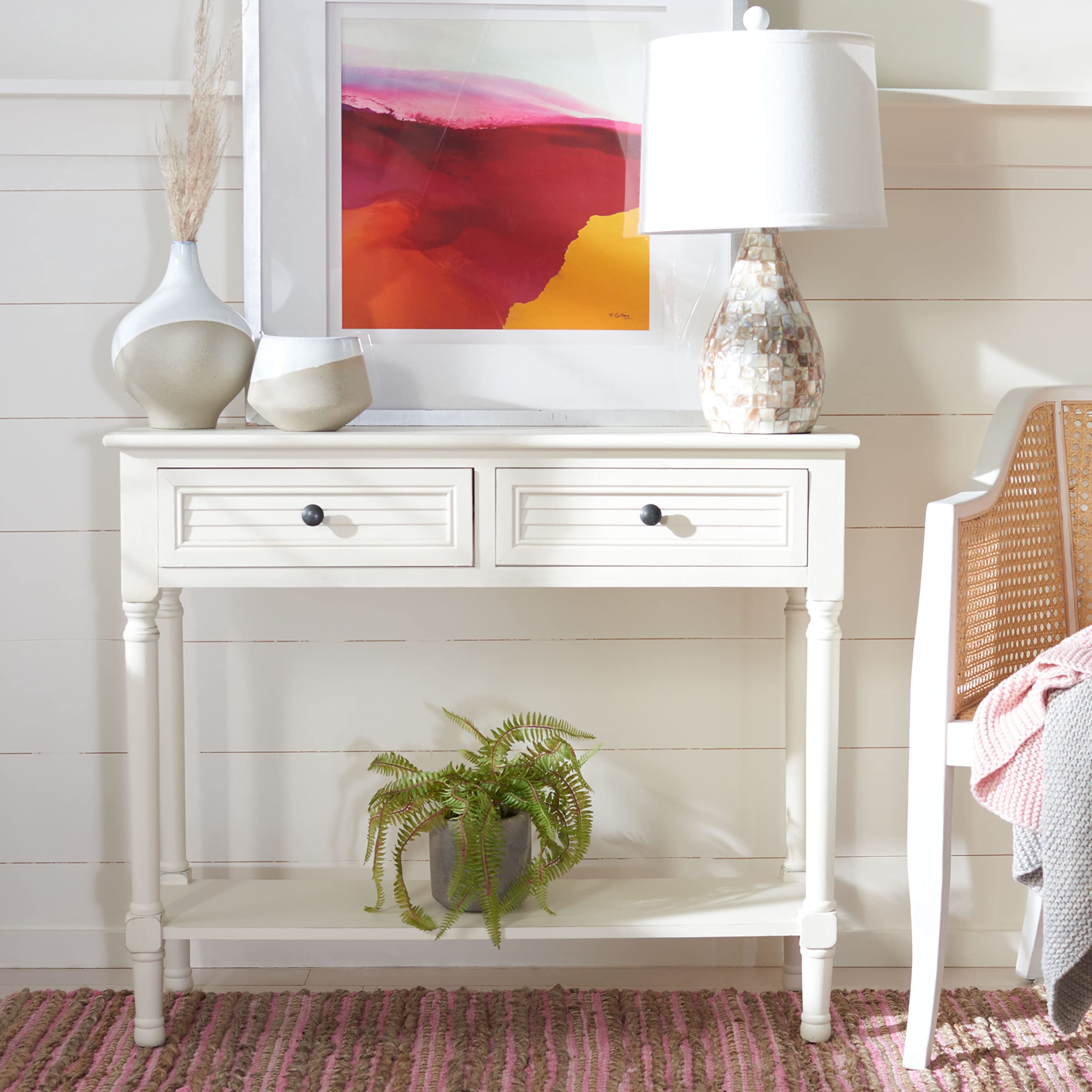 Distressed White 2-Drawer Console Table with Bottom Shelf - Safavieh Home Collection Tate | Perfect for Entryway, Living Room & Hallway Decor