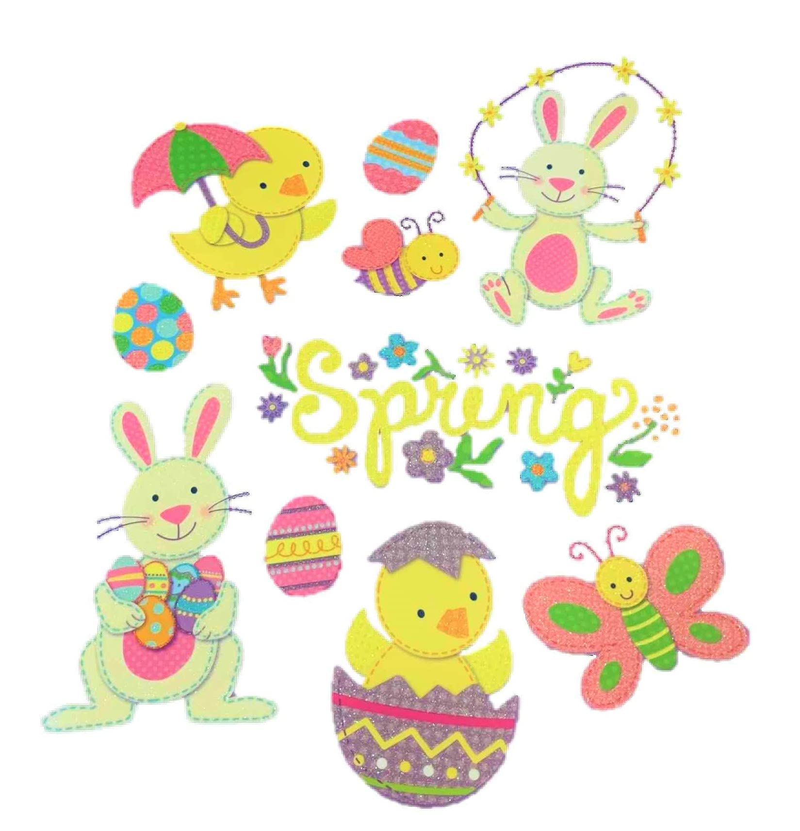 Greenbrier Reusable Glitter Window Clings - Spring & Easter Decor with Butterflies & Jumping Bunny (10-Piece Set) - Perfect for Home, Office, Classroom & Holiday Party Decorations