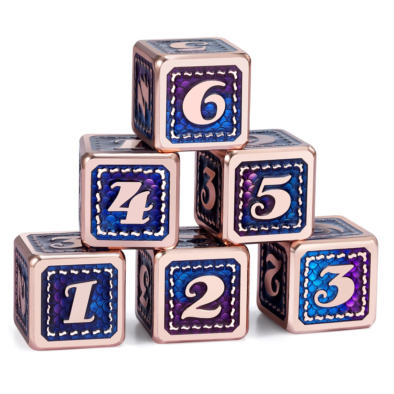 DNDND Dragon Scale D6 Dice Set - 6 PCS Metal RPG Dice with Copper Edge for Dungeons & Dragons, Pathfinder, Shadowrun, GURPS | Teal & Purple with Free Black Velvet Bag | Perfect for Tabletop Gaming, Roleplaying Adventures & Collectors