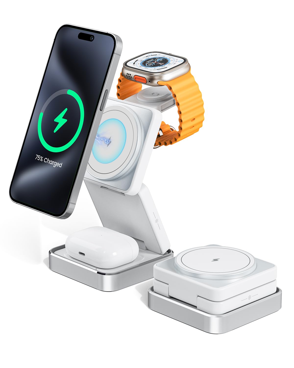 3-in-1 Magnetic Wireless Charging Station - 15W Fast Wireless Charger for iPhone 16/15/14/13/12 Series, Apple Watch & AirPods - Foldable Travel Stand with MagSafe Compatibility | Perfect for Nightstand, Office Desk & Travel Accessories