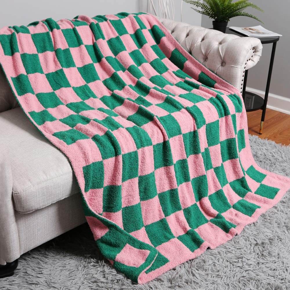 Cozy Green & Pink Argyle Reversible Throw Blanket - Soft Plaid Fleece Blanket for Couch, Bed, Sofa - Perfect for Winter, Gifts & Home Decor