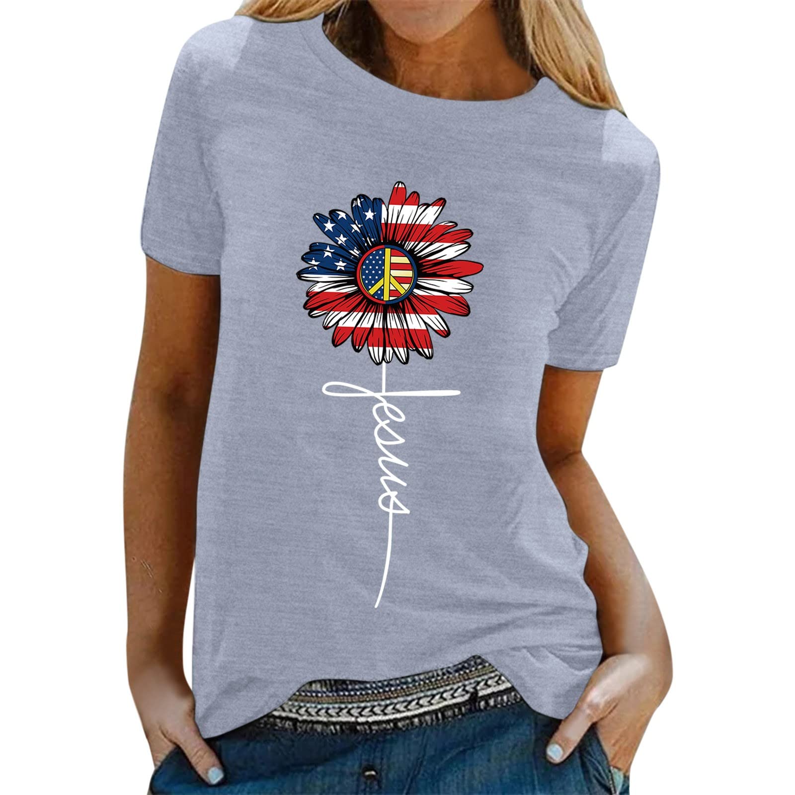 Women's Printed Casual Short Sleeve T-Shirt - Round Neck Loose Fit Blouse for Independence Day & Everyday Wear | Perfect for Summer Outings, Beach Days and Casual Office Looks