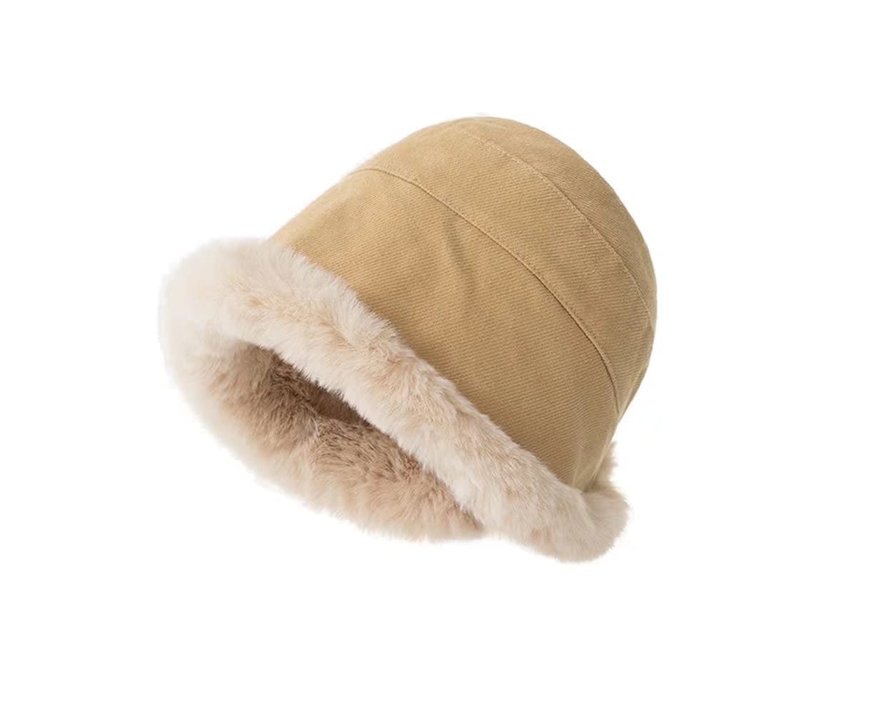 Women's Winter Warm Windproof Faux Fur Bucket Hat - Double Thick Sherpa Fleece Lined Fisherman Cap for Outdoor Activities, Hiking & Snow Sports