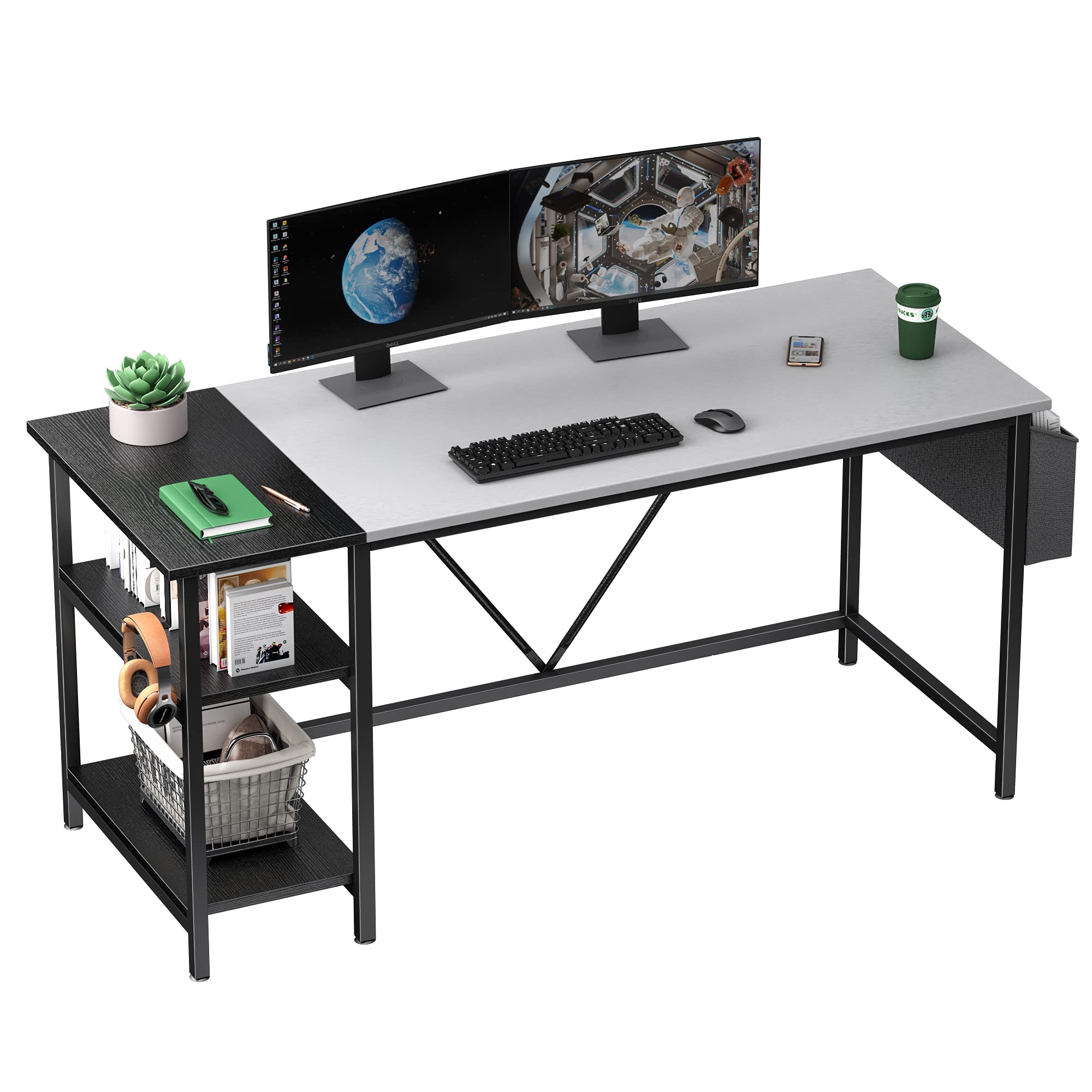 63 Inch Modern Computer Desk with 2-Tier Bookshelf - Home Office Writing Workstation, Study Desk & Laptop Table with Storage Bag - Perfect for Small Spaces, Remote Work & Online Learning