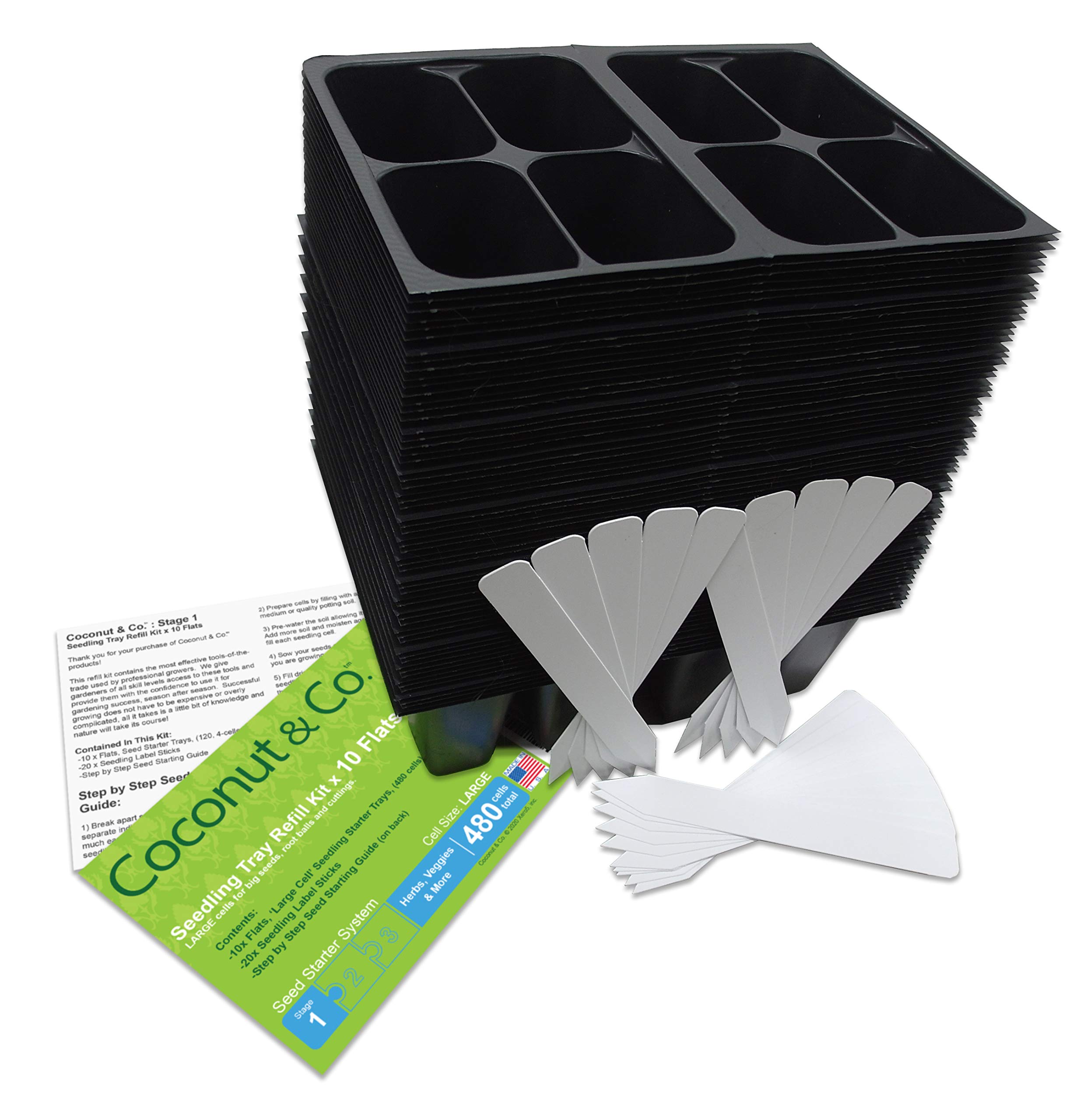 COCONUT & CO. Large Cell Seed Starter Trays - 10 Flats (480 Cells) with 20 Plant Labels & Step-by-Step Guide | Stage 1 (120 Trays, 4-Cells Each) | Made in USA Refill Kit | Perfect for Indoor Gardening, Hydroponics & Organic Seed Starting